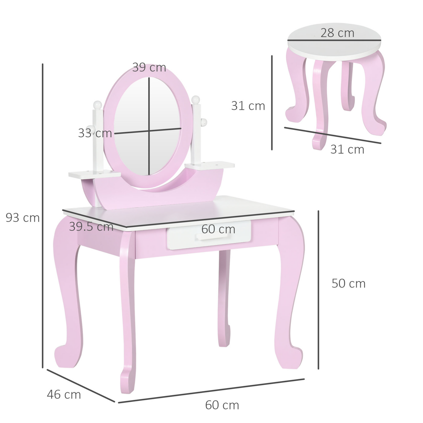 ZONEKIZ Kids Vanity Set with Mirror, Stool & Drawer - Princess Pink Makeup Desk for Ages 3-6 MyLibelula