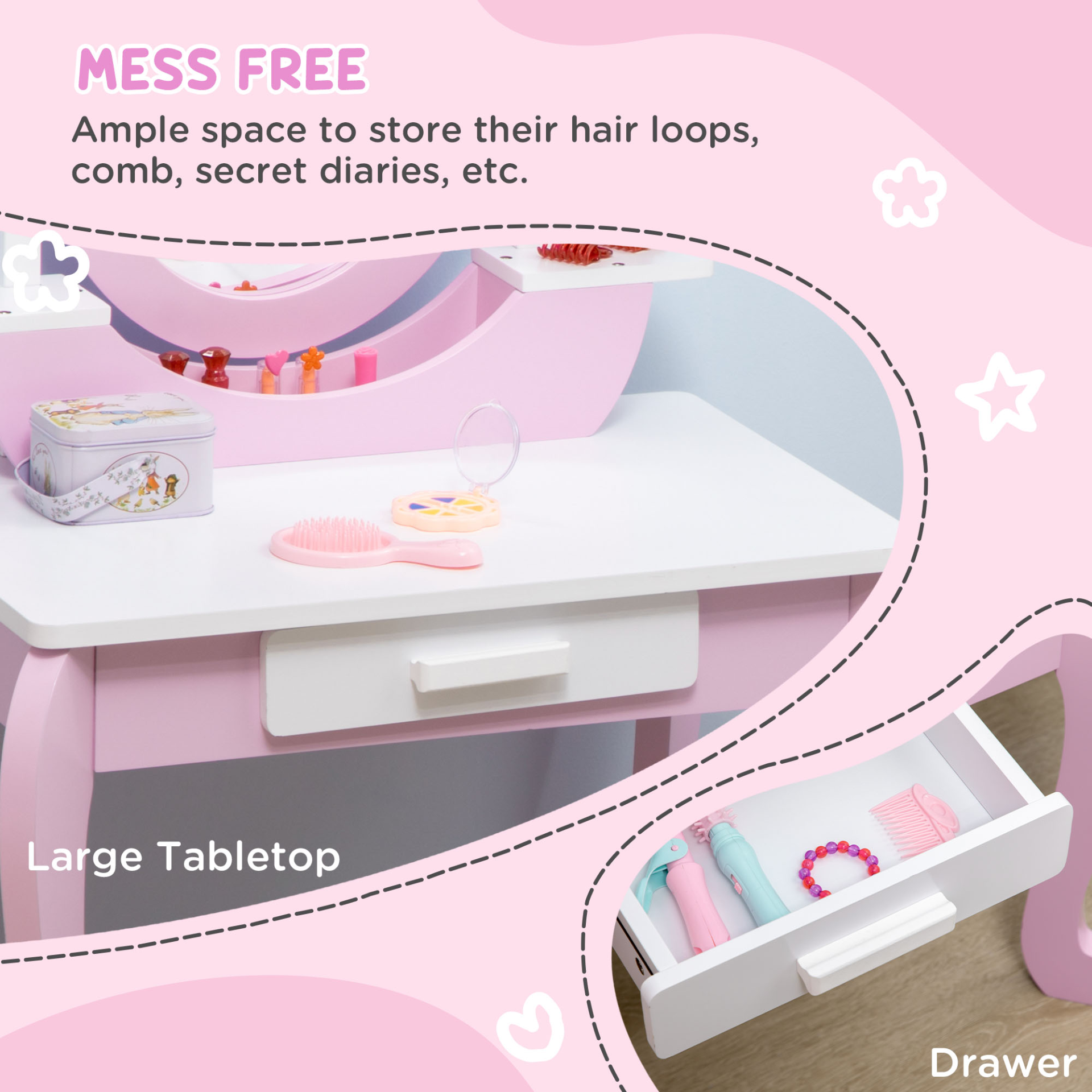 ZONEKIZ Kids Vanity Set with Mirror, Stool & Drawer - Princess Pink Makeup Desk for Ages 3-6 MyLibelula