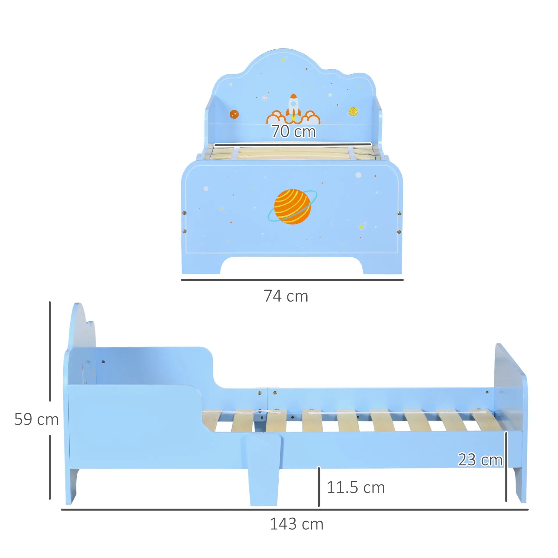 ZONEKIZ Kids Toddler Bed with Rocket & Planets Patterns, Safety Rails, Children Bedroom Furniture, Ages 3-6, Blue MyLibelula