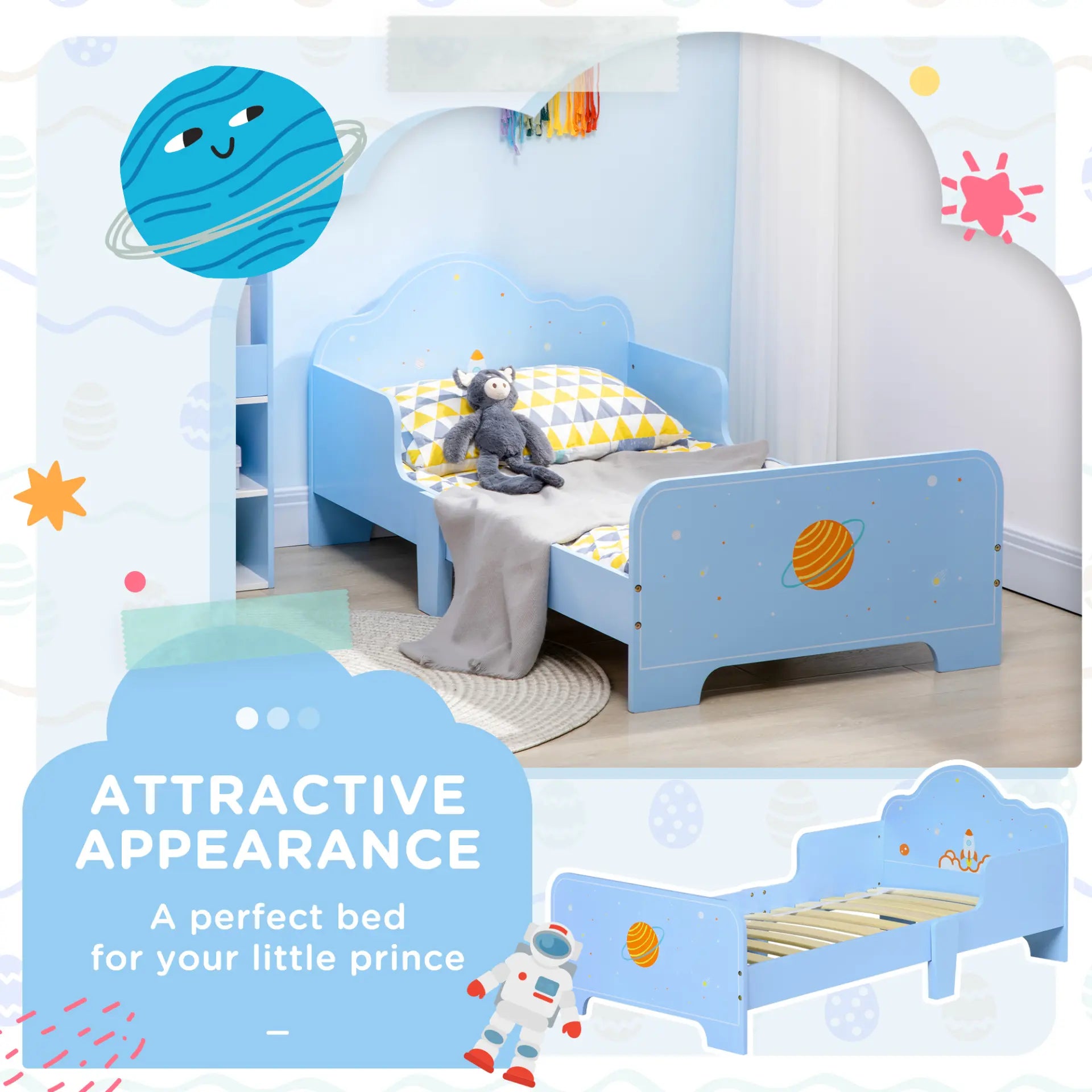 ZONEKIZ Kids Toddler Bed with Rocket & Planets Patterns, Safety Rails, Children Bedroom Furniture, Ages 3-6, Blue MyLibelula