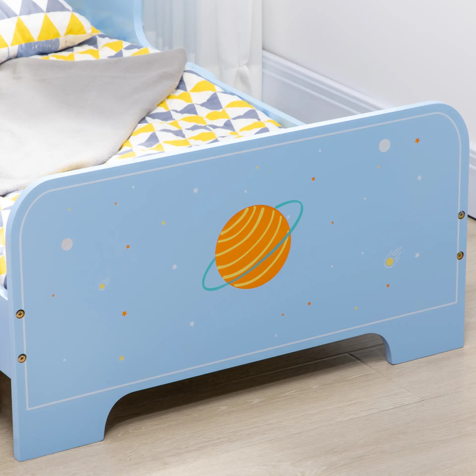 ZONEKIZ Kids Toddler Bed with Rocket & Planets Patterns, Safety Rails, Children Bedroom Furniture, Ages 3-6, Blue MyLibelula