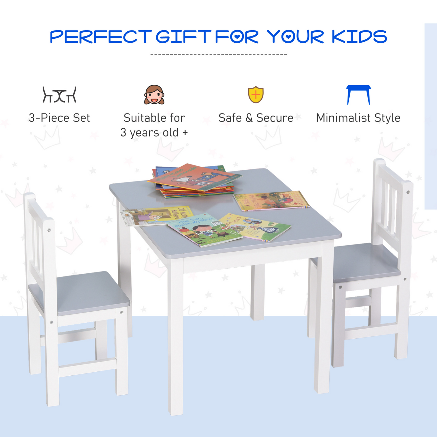 HOMCOM Kids Table and Chair Set 3 Pieces for Toddlers and Preschoolers - Indoor Study, Snack Time & Play - Grey MyLibelula