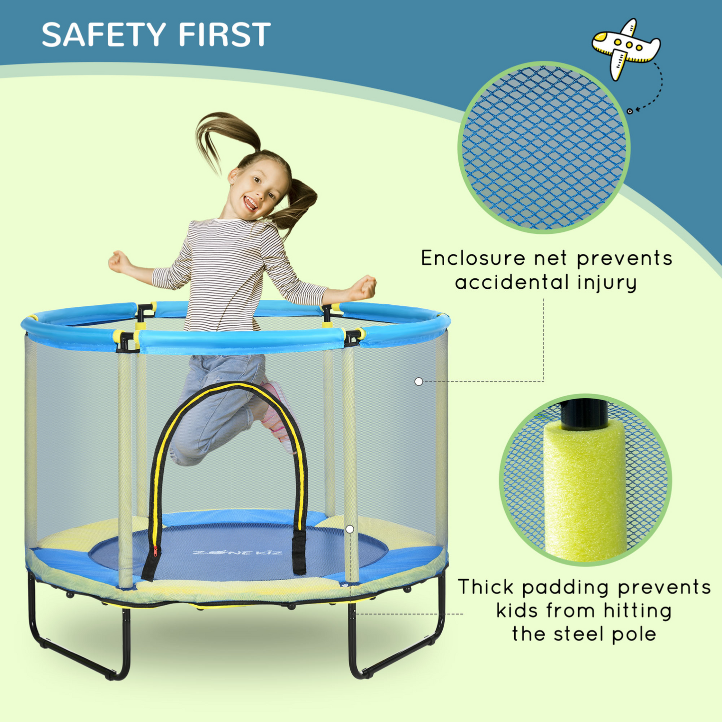 ZONEKIZ 4.6FT Kids Trampoline with Safety Enclosure Net - Indoor Toddler Jumper for Ages 1-6, Blue MyLibelula