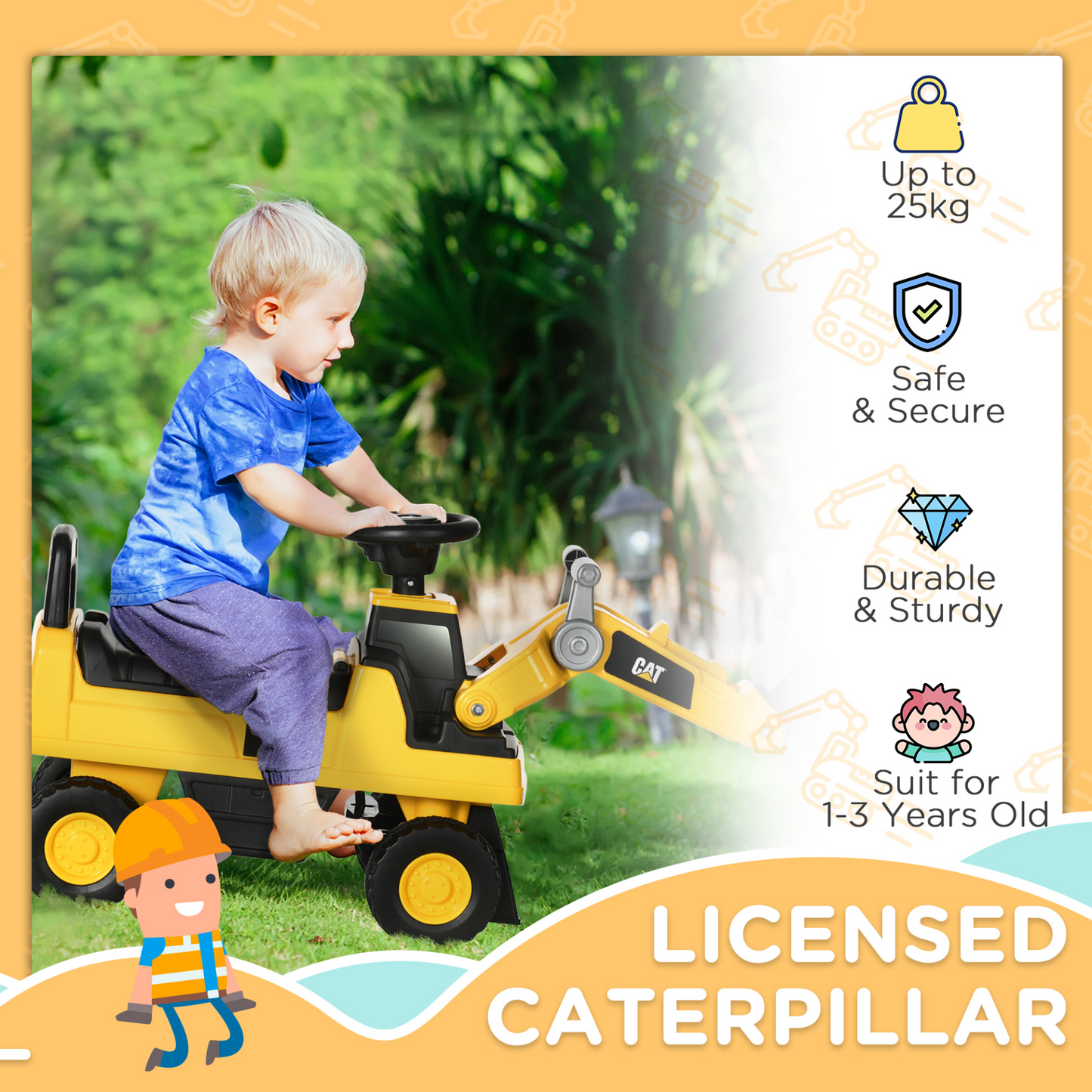 CAT Licensed Kids Construction Ride-On Digger Excavator - Foot-To-Floor Toddler Toy w/ Shovel, Horn & Storage | Ages 1-3 MyLibelula