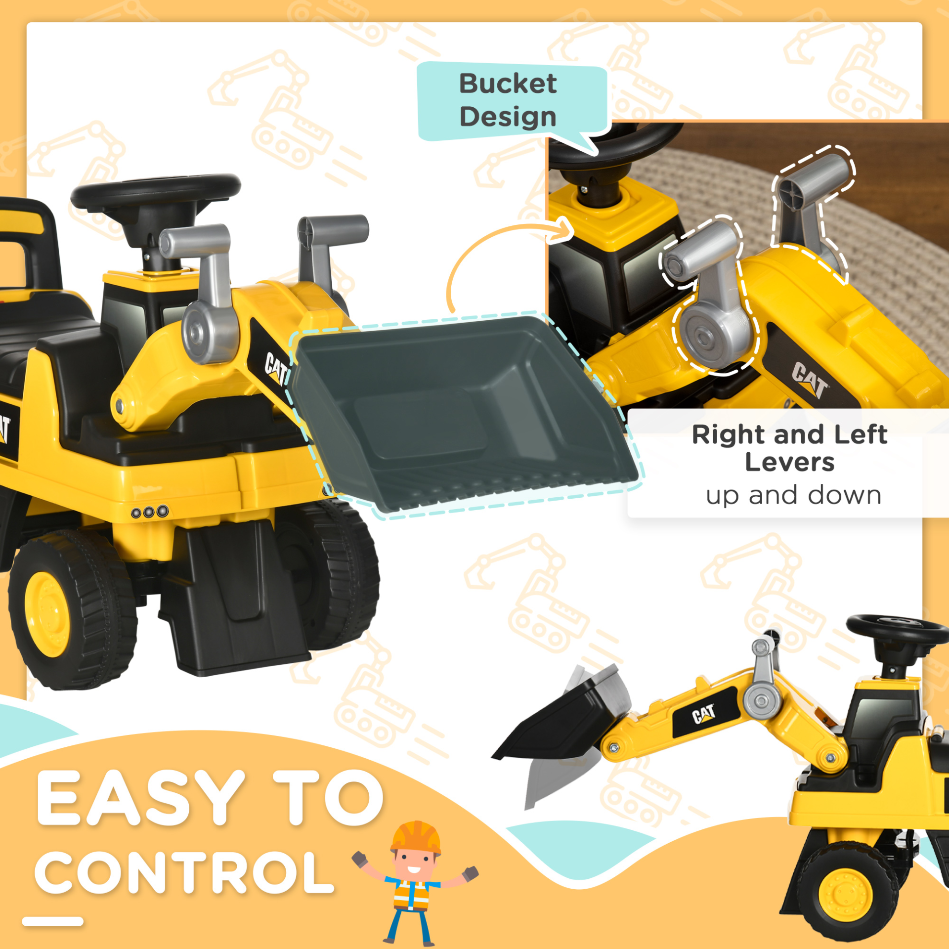 CAT Licensed Kids Construction Ride-On Digger Excavator - Foot-To-Floor Toddler Toy w/ Shovel, Horn & Storage | Ages 1-3 MyLibelula