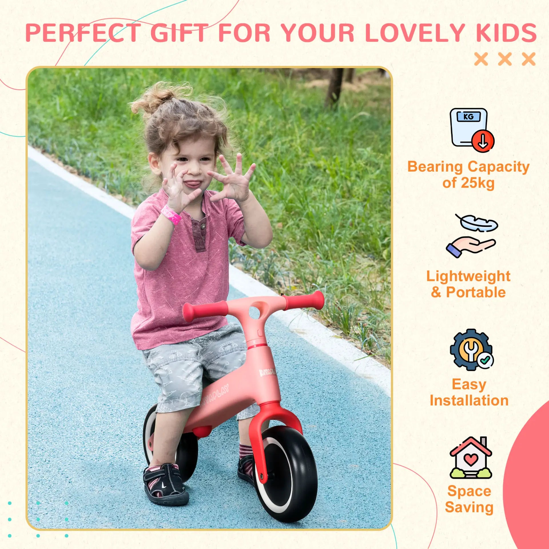 AIYAPLAY Baby Balance Bike - Pink | Toddler Bike Without Pedals, Adjustable Seat for Ages 1.5-3 Years MyLibelula