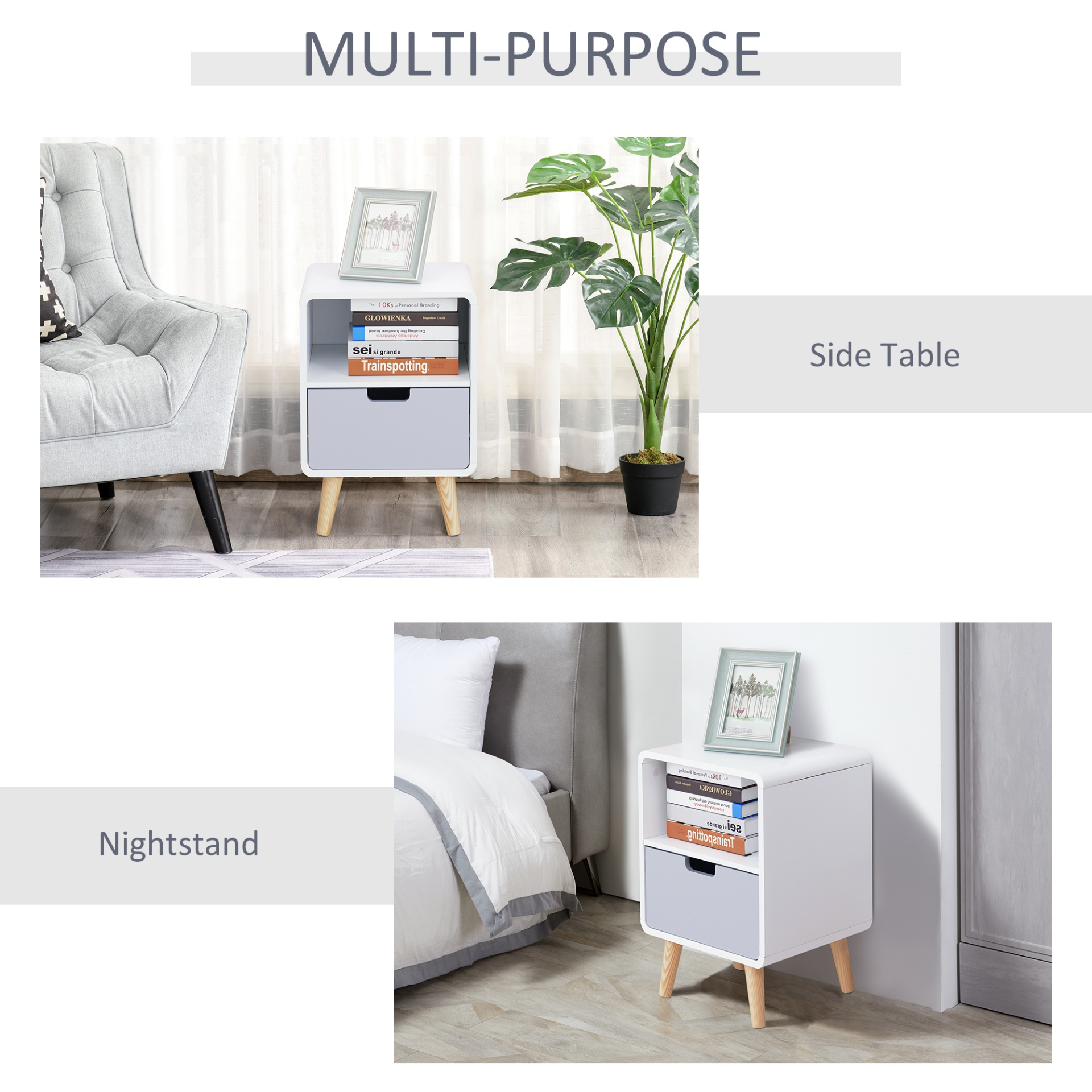 HOMCOM Scandinavian Nordic Style Wooden Bedside Table with Drawer - Versatile End Nightstand Lamp Desk Storage Unit MyLibelula