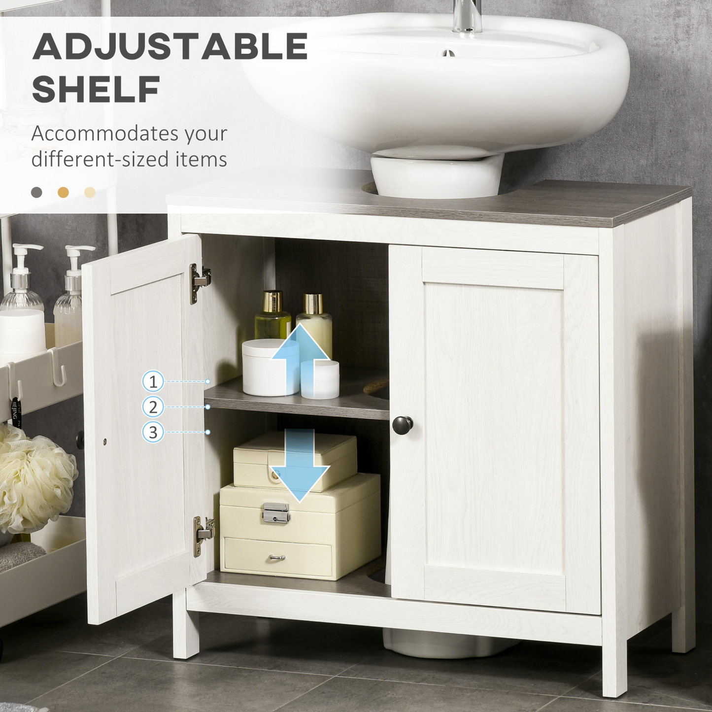 kleankin Modern Bathroom Sink Cabinet, Floor Standing Under Sink Cabinet, Freestanding Storage Cupboard with Adjustable Shelf, Double Doors, Antique White MyLibelula