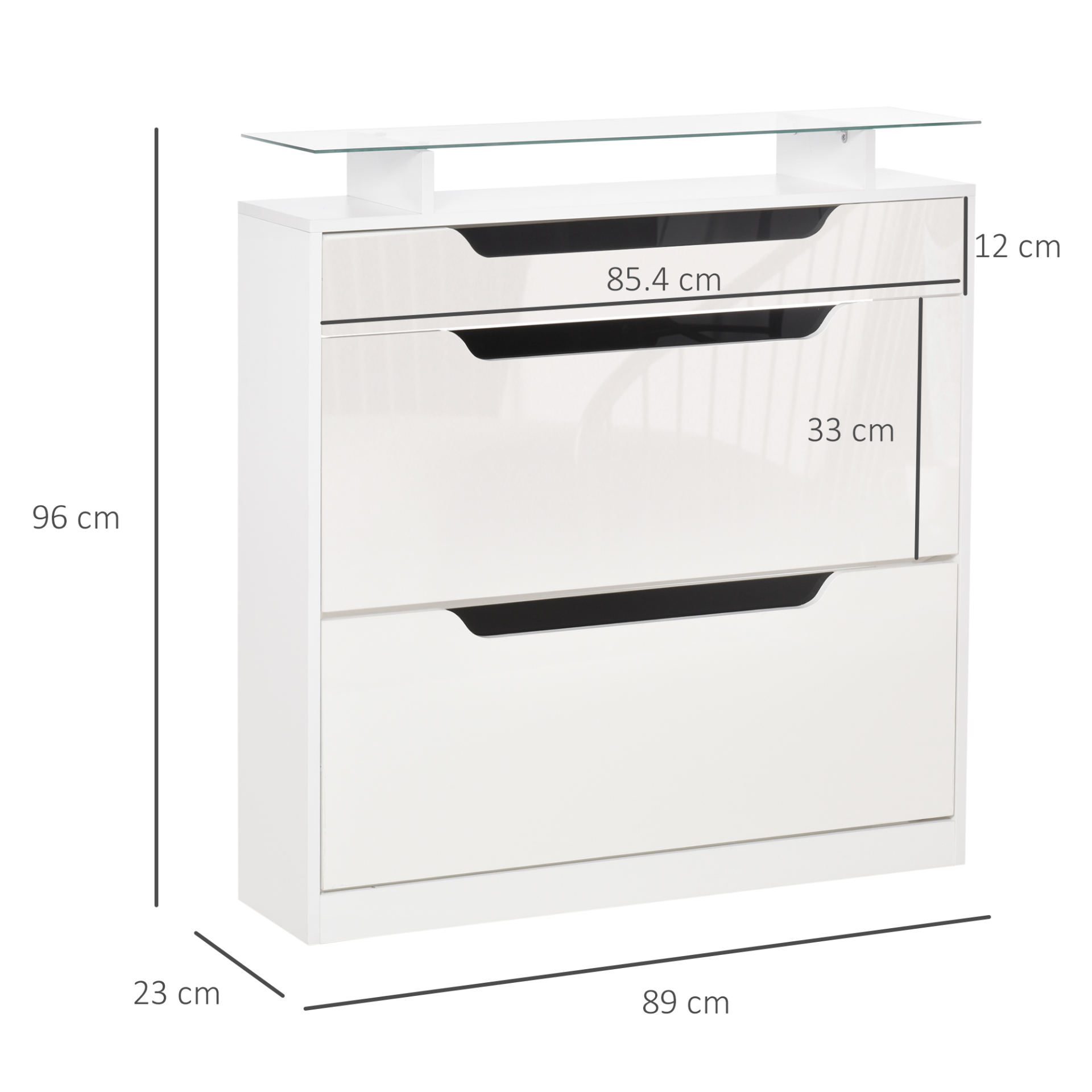 HOMCOM Shoe Cabinet with 3 Drawers High Gloss Storage Cupboard Tipping Bucket with Flip Door Glass Top Adjustable Shelf Large-Capacity for 14 Pairs, White MyLibelula