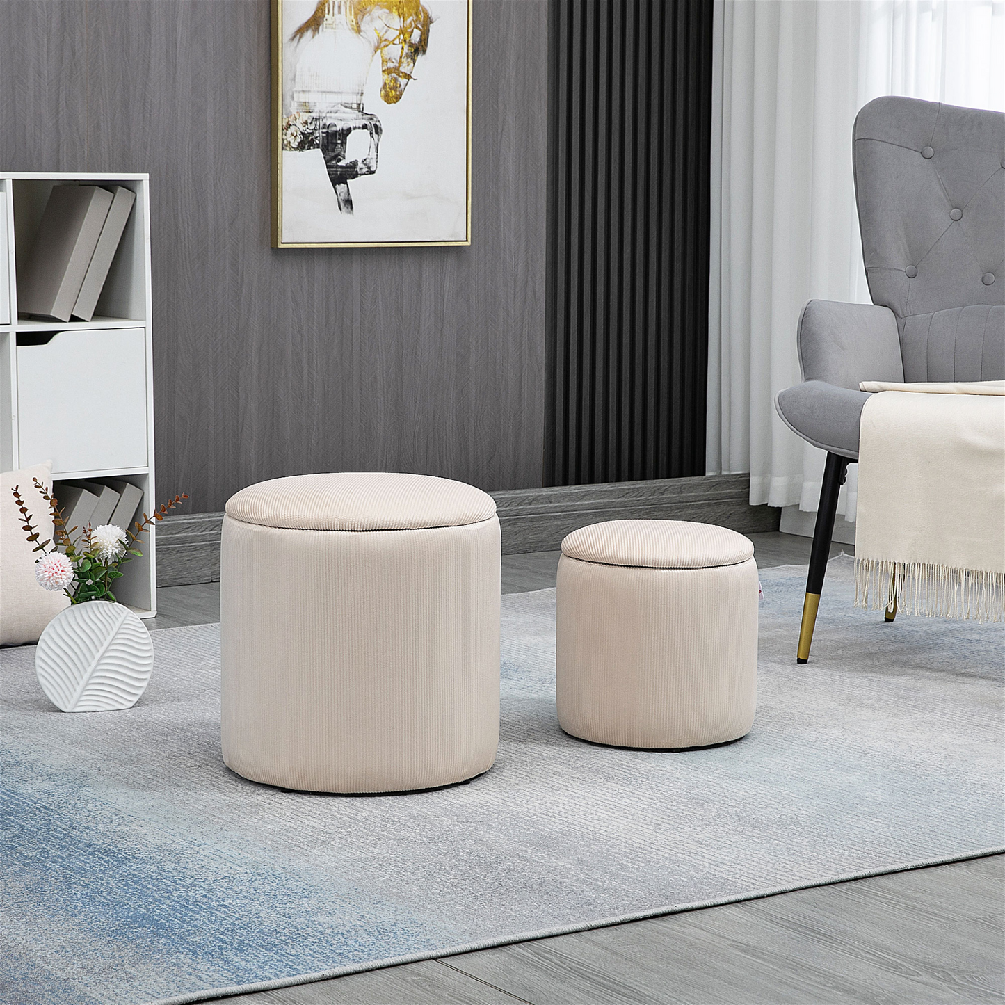 HOMCOM Modern Storage Ottoman Set of 2 - Removable Lid, Fabric Storage Stool, Footstool, Dressing Table Stool in White MyLibelula