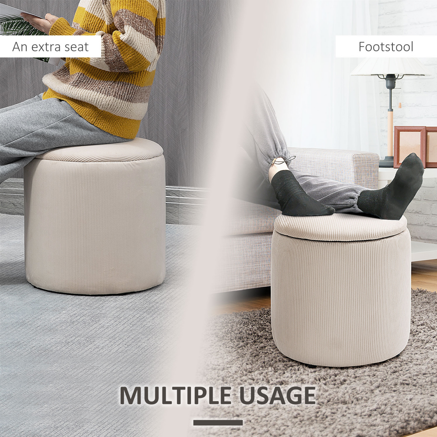 HOMCOM Modern Storage Ottoman Set of 2 - Removable Lid, Fabric Storage Stool, Footstool, Dressing Table Stool in White MyLibelula