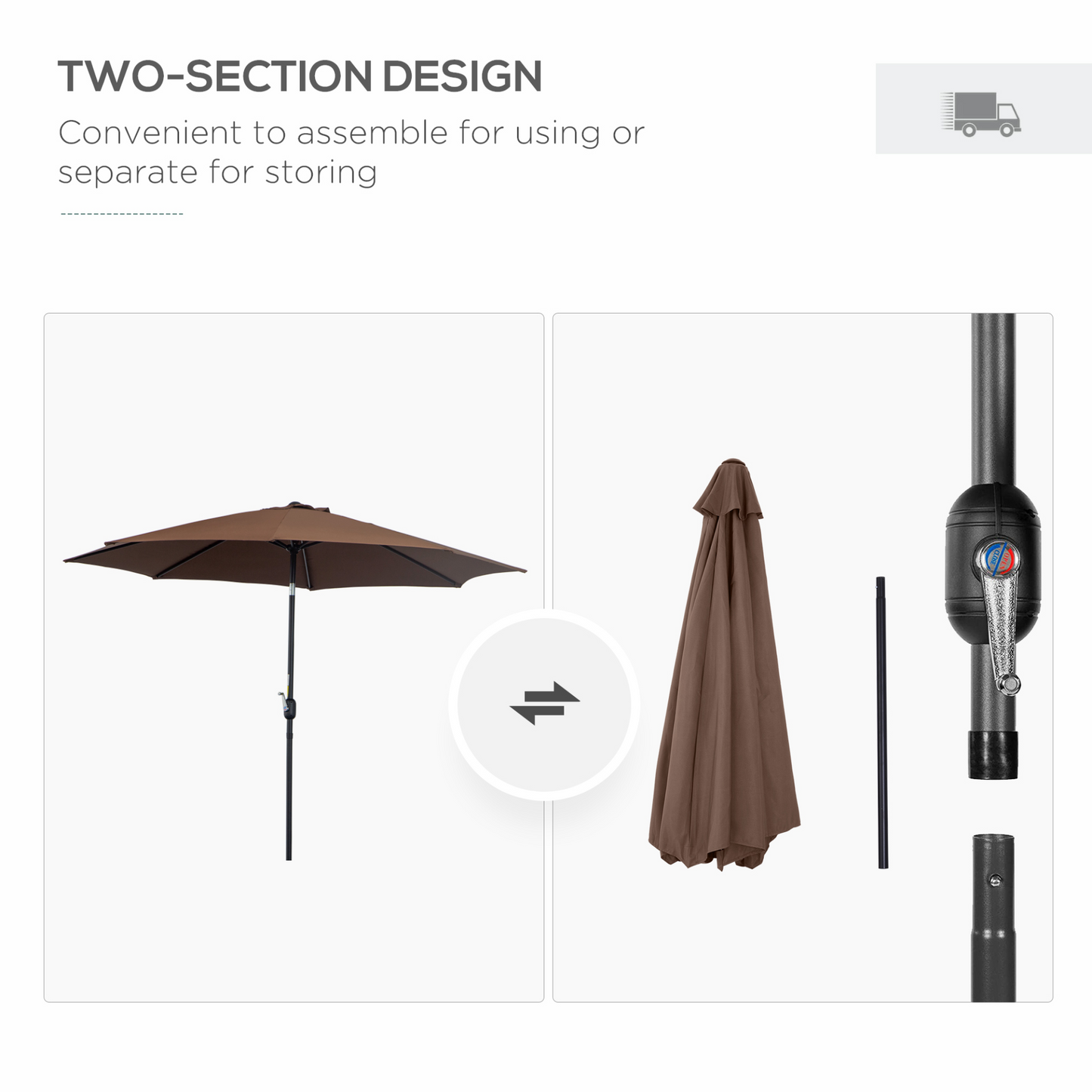 Outsunny 3(m) Tilting Parasol Garden Umbrellas, Outdoor Sun Shade with 8 Ribs, Tilt and Crank Handle for Balcony, Bench, Garden, Coffee MyLibelula