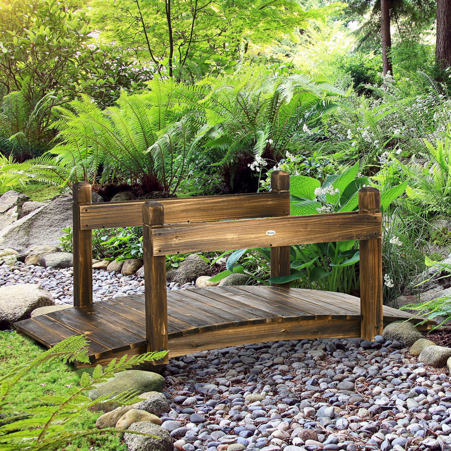 Outsunny 5FT Wooden Garden Bridge with Planters on Safety Railings, Stained Finish Arc Footbridge for Pond Backyard Stream MyLibelula