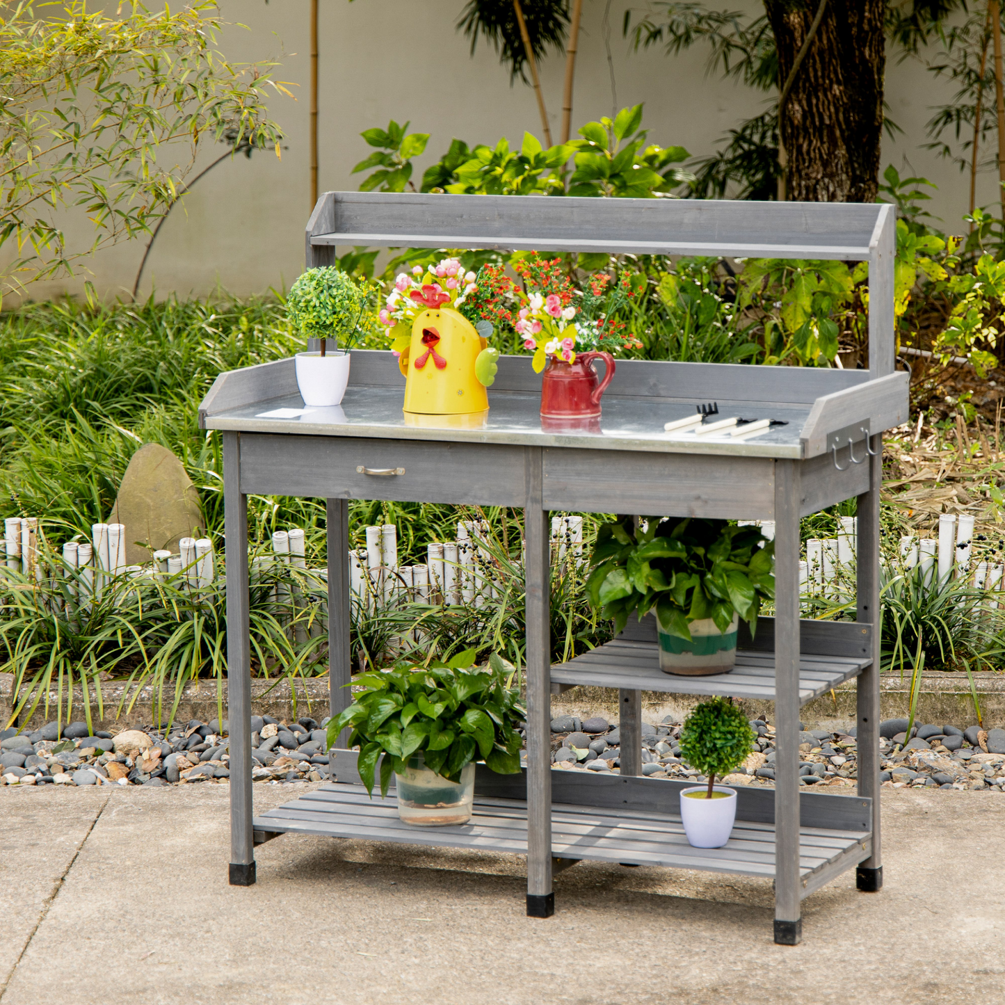 Outsunny Garden Potting Table, Wooden Workstation Bench w/ Galvanized Metal Tabletop, Drawer, Storage Shelves and Hooks for Patios, Courtyards, Balcony MyLibelula