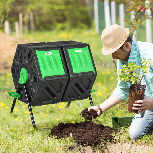 Outsunny Dual Chamber Garden Compost Bin, 130L Rotating Composter, Compost Maker with Ventilation Openings and Steel Legs MyLibelula