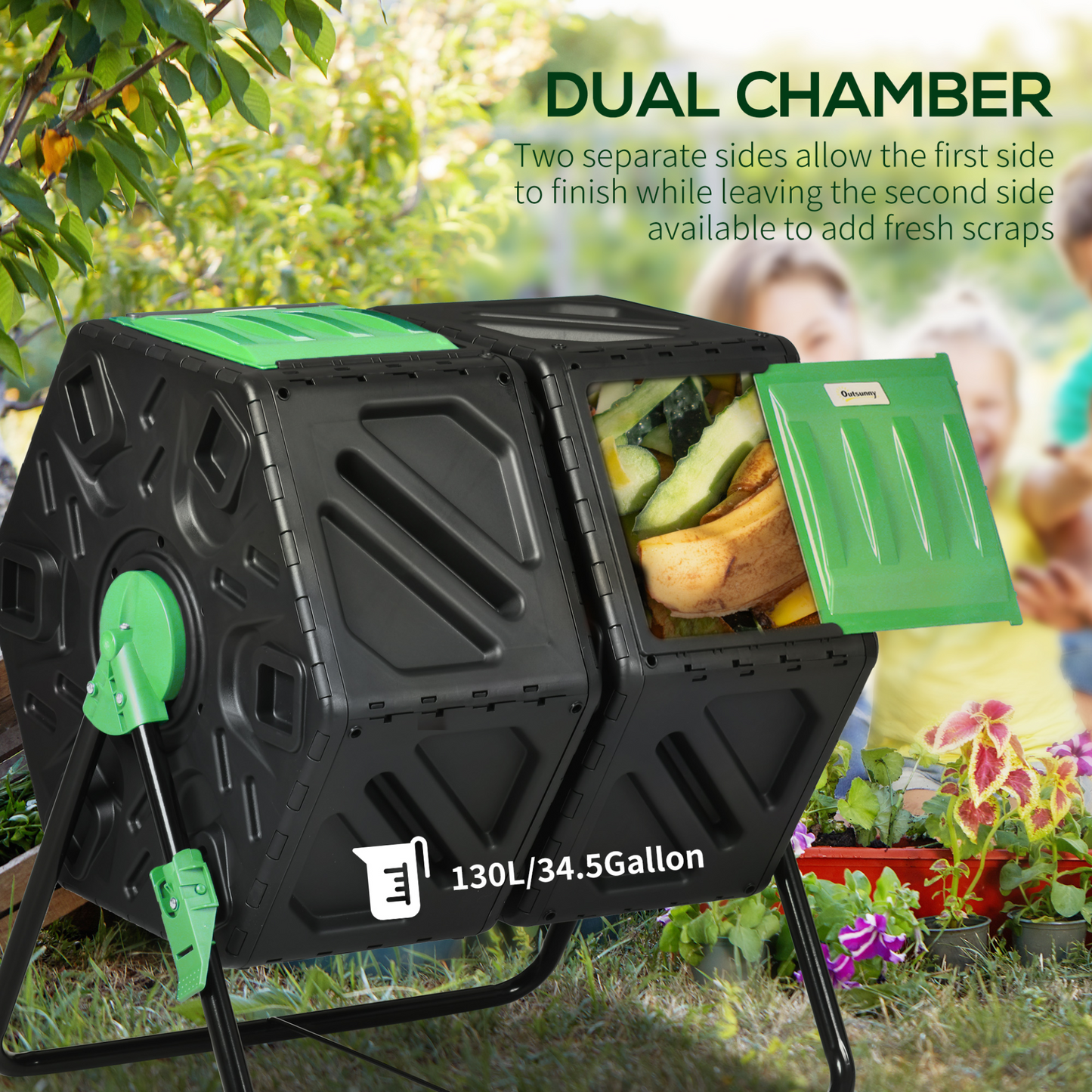 Outsunny Dual Chamber Garden Compost Bin, 130L Rotating Composter, Compost Maker with Ventilation Openings and Steel Legs MyLibelula