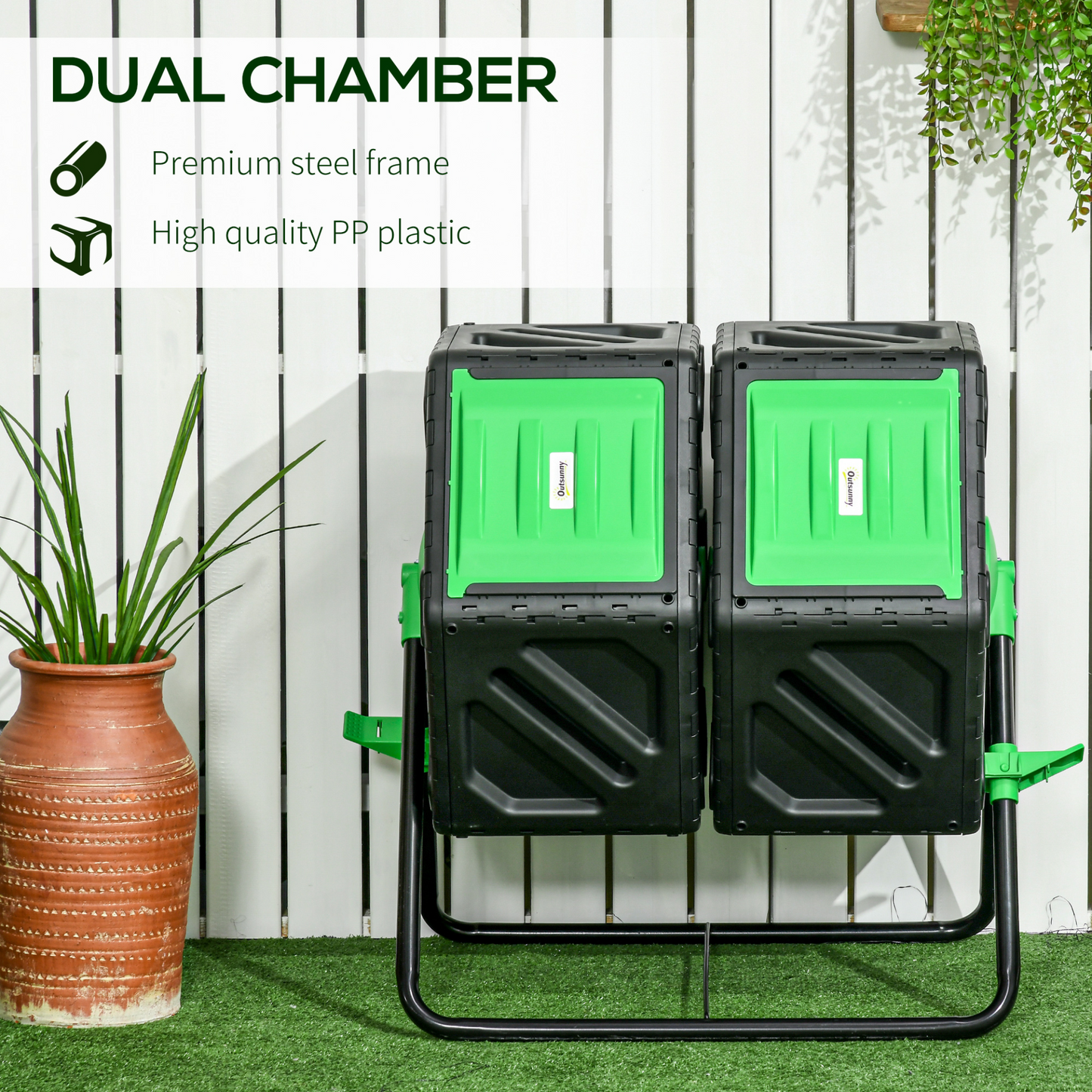 Outsunny Dual Chamber Garden Compost Bin, 130L Rotating Composter, Compost Maker with Ventilation Openings and Steel Legs MyLibelula