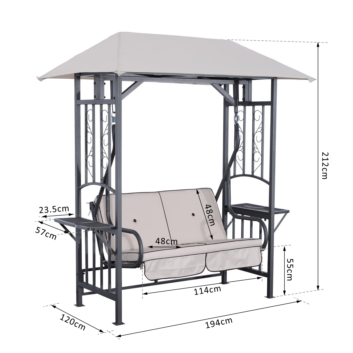 Outsunny Outdoor Garden 2 Seater Canopy Swing Chair - Vintage Hammock Loveseat with Cushions and Side Drink Panel MyLibelula