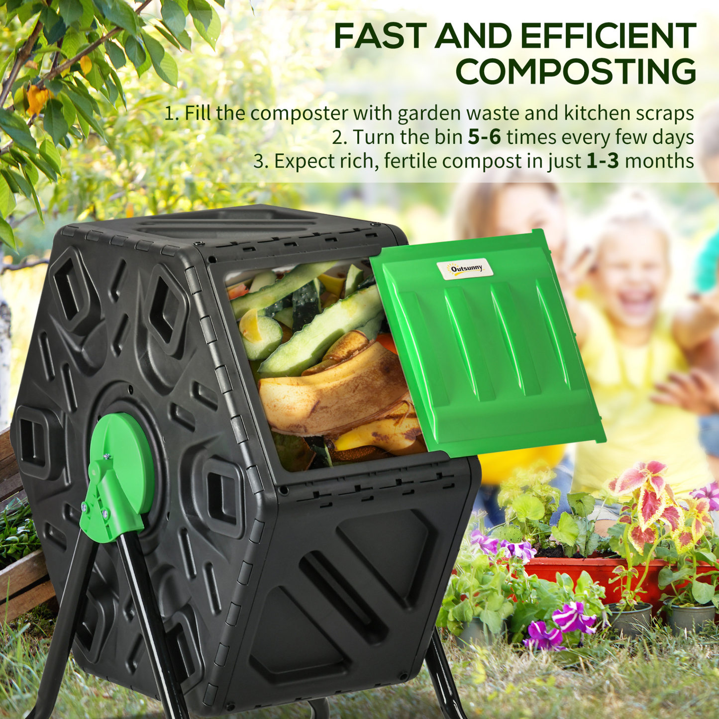 Outsunny 65L Garden Compost Bin, Single Chamber Rotating Composter, Compost Maker with 48 Ventilation Openings and Steel Legs MyLibelula