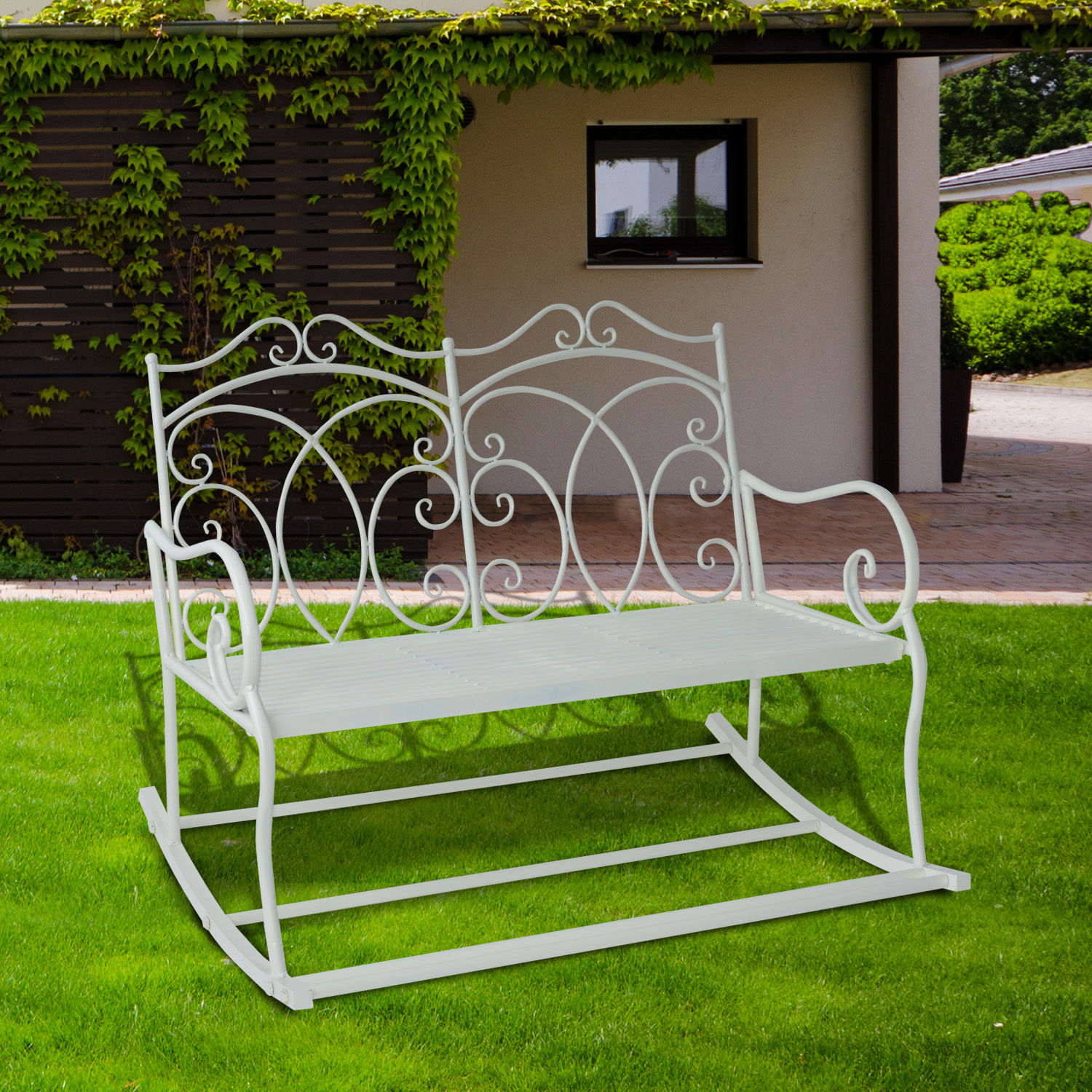 Outsunny Patio 2 Seater Rocking Bench - Elegant Steel Garden Loveseat Chair with Decorative Backrest, White MyLibelula