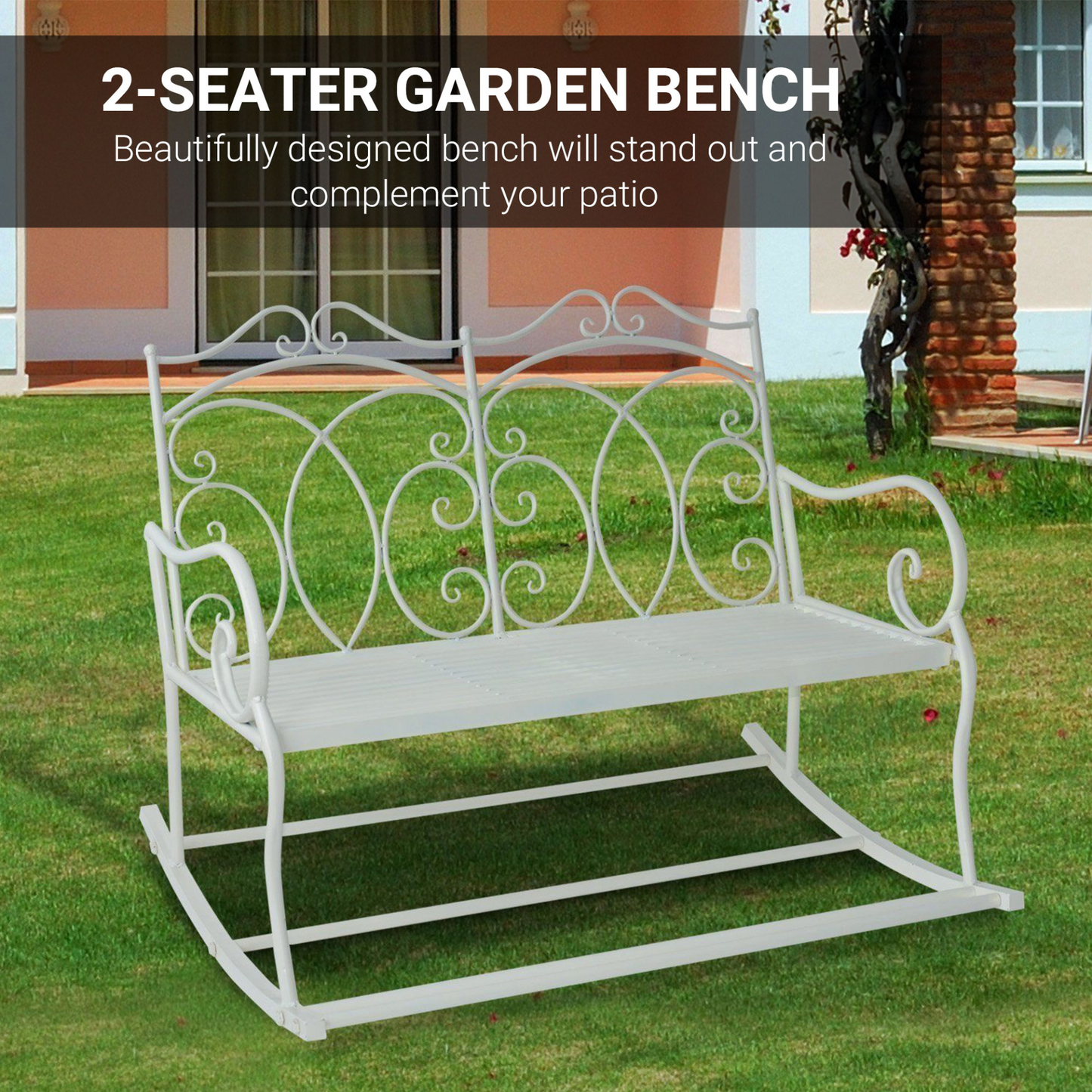 Outsunny Patio 2 Seater Rocking Bench - Elegant Steel Garden Loveseat Chair with Decorative Backrest, White MyLibelula