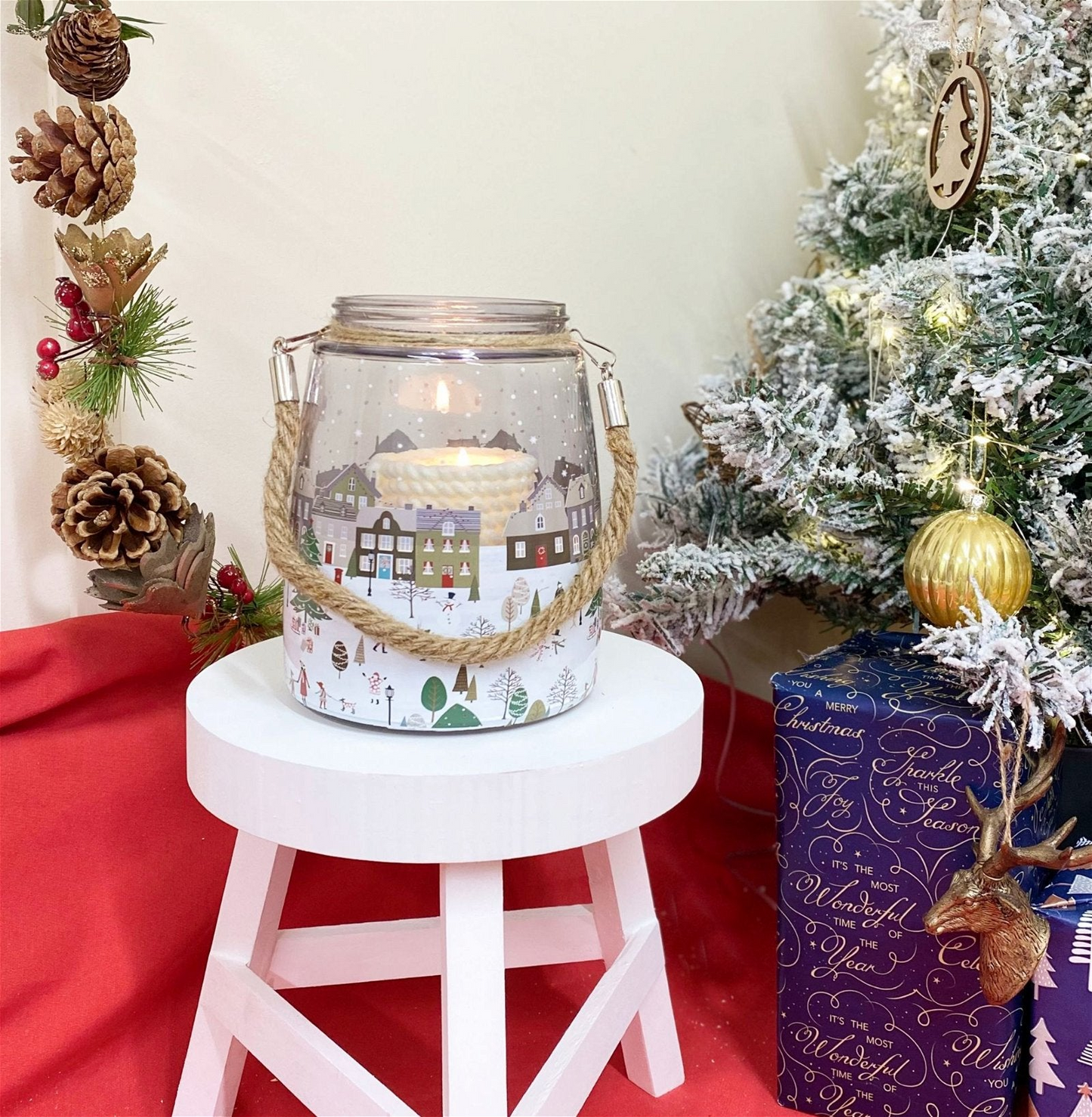 Christmas Market Lantern - White Glass Lantern with Rope Handle | Festive Home Decor MyLibelula