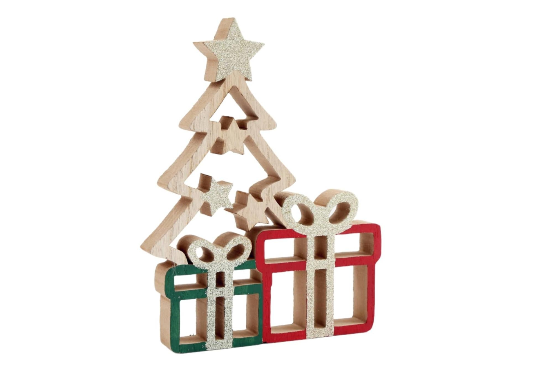 Festive Wooden Christmas Tree with Gold Glitter and Colorful Presents – Ideal for Holiday Decor & Seasonal Joy MyLibelula