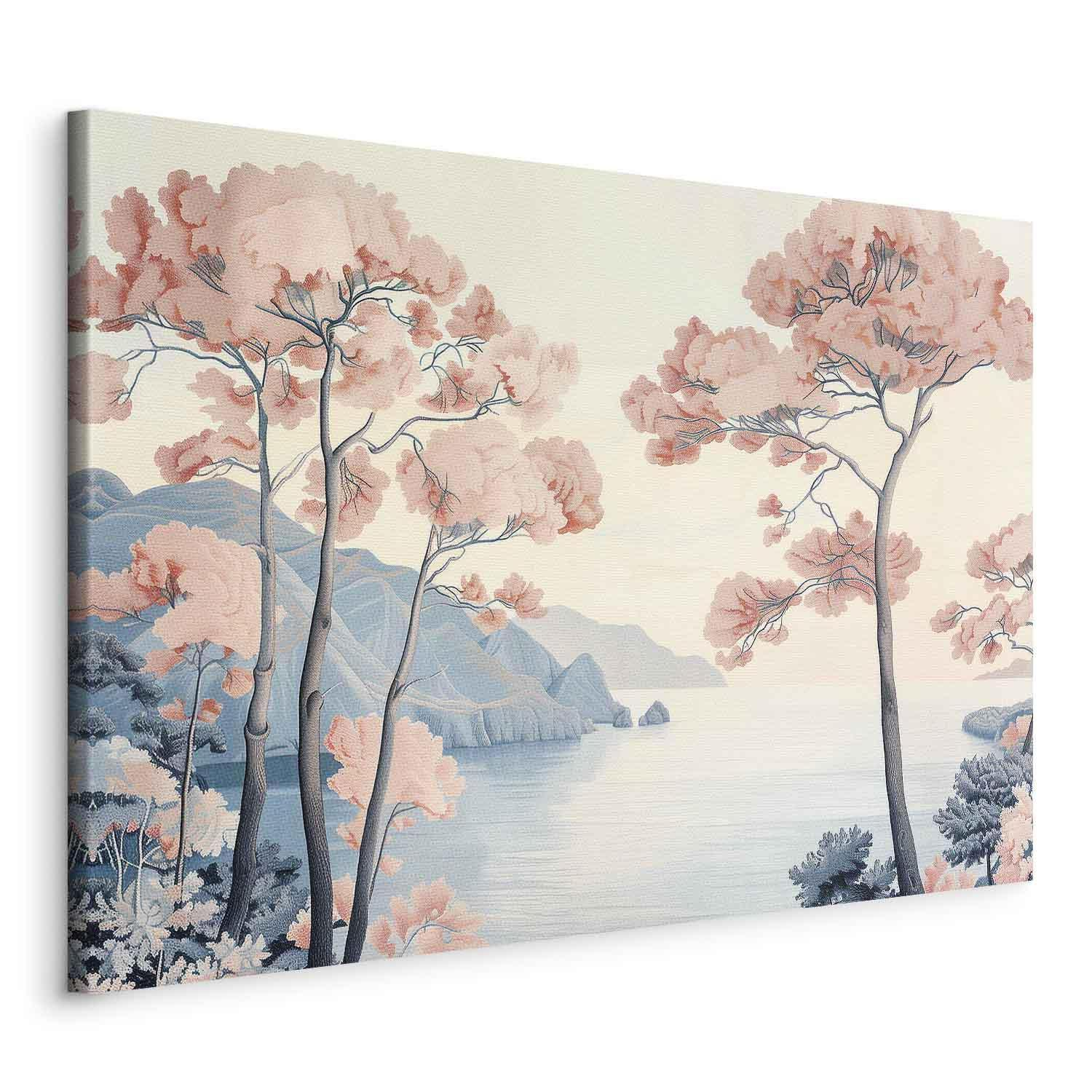 Decorative Wall Painting - Landscape with the Ocean Cliffs and Trees in Delicate Pink Shades MyLibelula