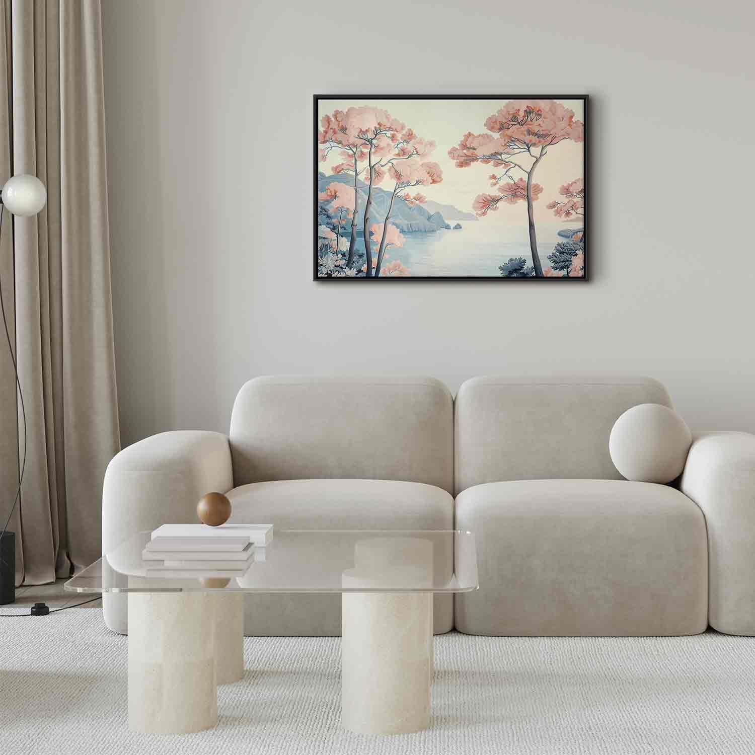 Decorative Wall Painting - Landscape with the Ocean Cliffs and Trees in Delicate Pink Shades MyLibelula