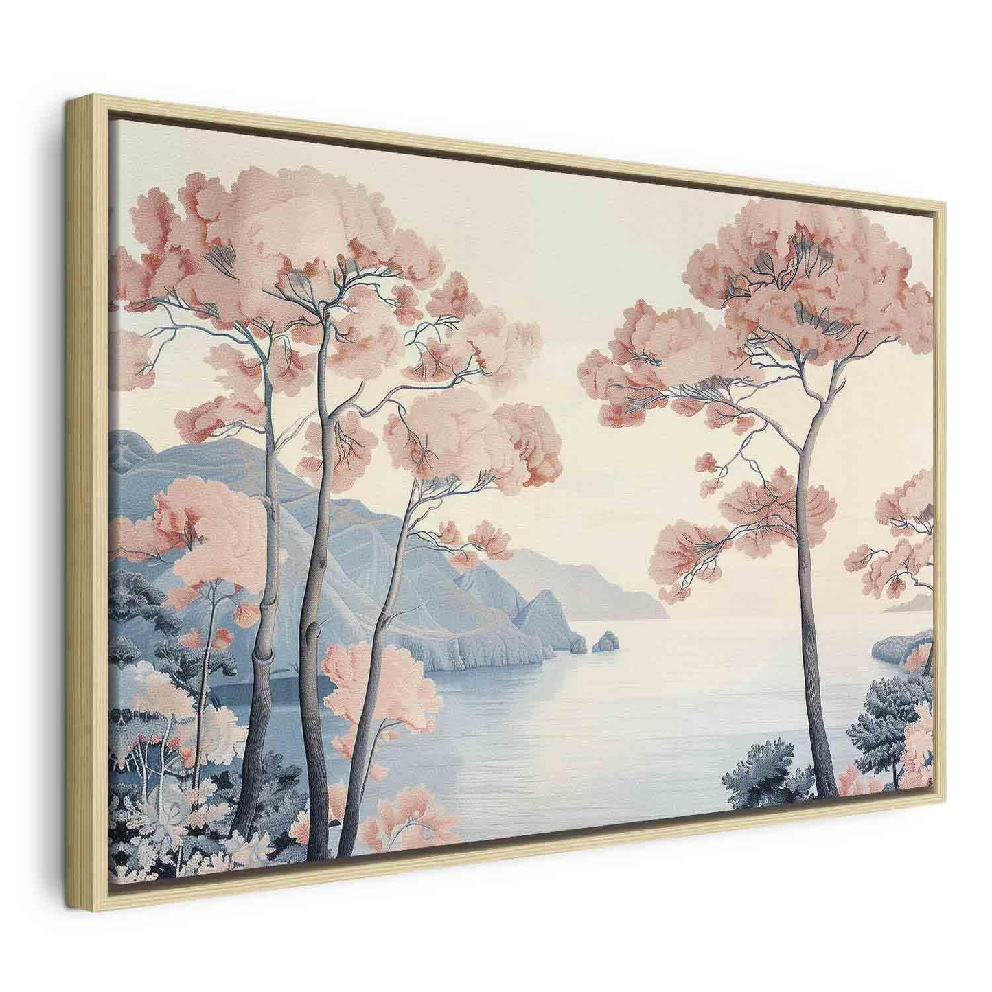 Decorative Wall Painting - Landscape with the Ocean Cliffs and Trees in Delicate Pink Shades MyLibelula