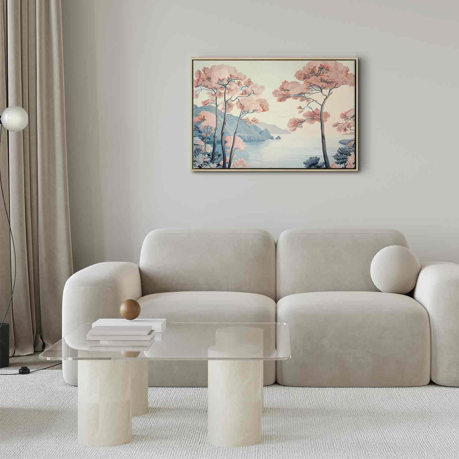 Decorative Wall Painting - Landscape with the Ocean Cliffs and Trees in Delicate Pink Shades MyLibelula