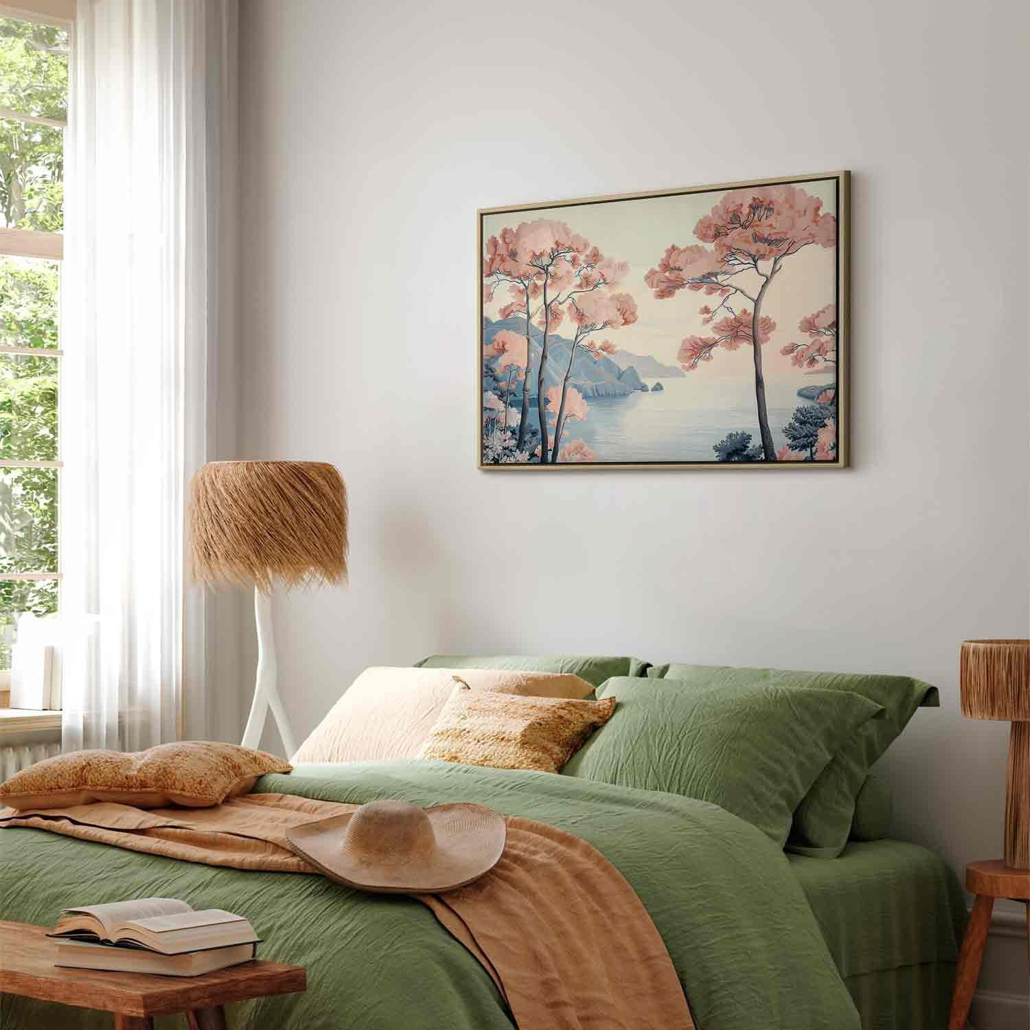 Decorative Wall Painting - Landscape with the Ocean Cliffs and Trees in Delicate Pink Shades MyLibelula