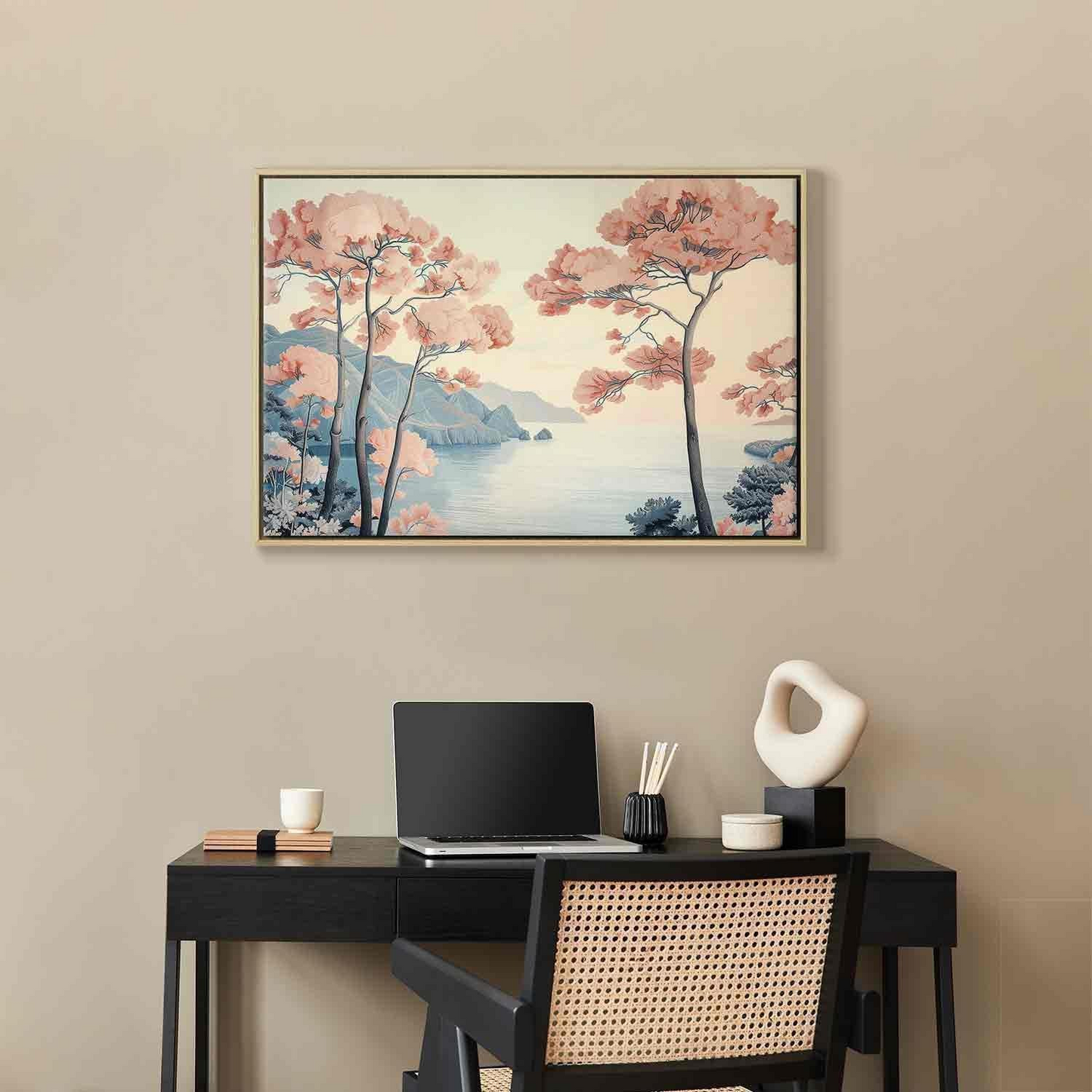 Decorative Wall Painting - Landscape with the Ocean Cliffs and Trees in Delicate Pink Shades MyLibelula