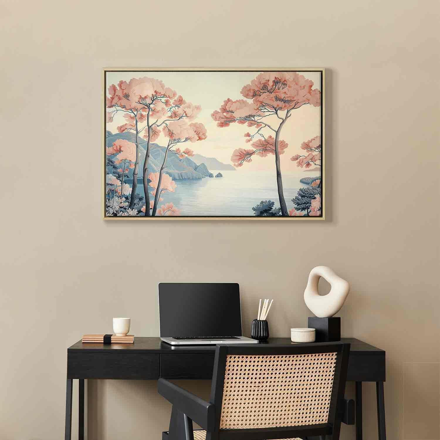 Decorative Wall Painting - Landscape with the Ocean Cliffs and Trees in Delicate Pink Shades MyLibelula