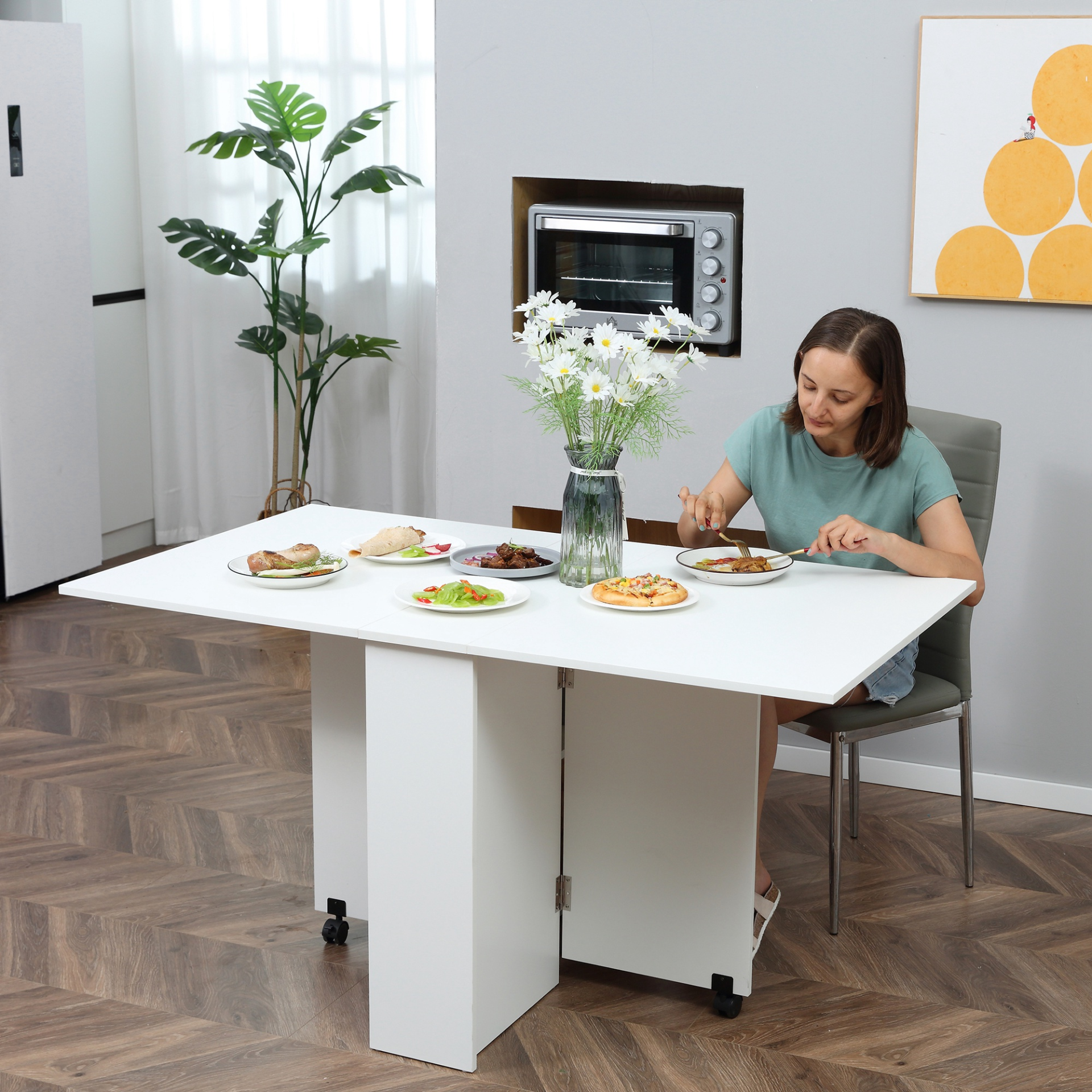 HOMCOM Mobile Drop Leaf Dining Kitchen Table - Space-Saving Folding Desk with Wheels and Storage MyLibelula