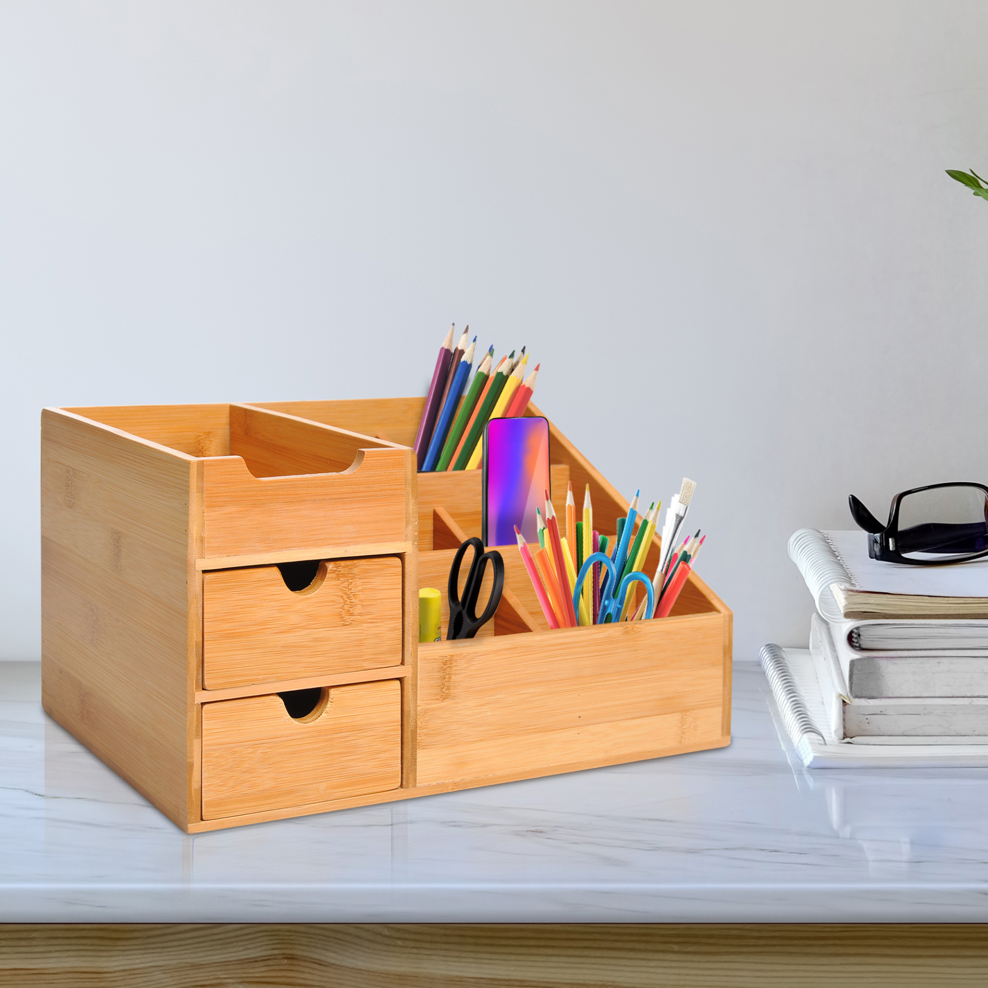 HOMCOM Bamboo Desk Organizer with 7 Compartments & 2 Drawers - Perfect Home Office Storage Solution MyLibelula