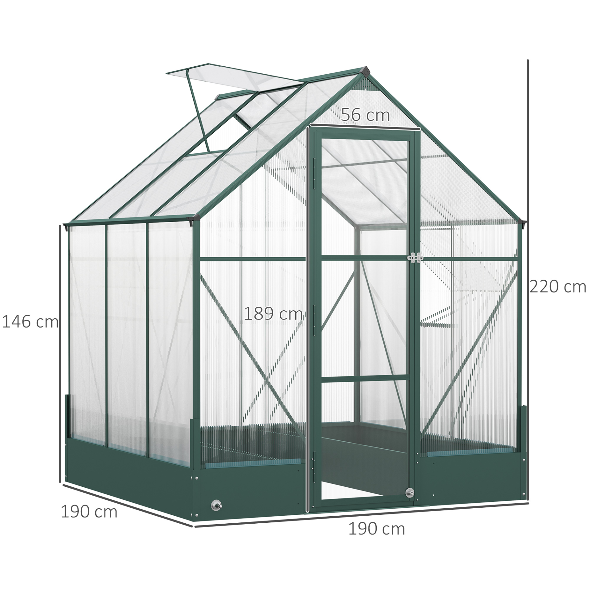 Outsunny Garden Walk-in Aluminium Greenhouse Polycarbonate with Plant Bed ,Temperature Controlled Window, Foundation, 6 x 6ft MyLibelula