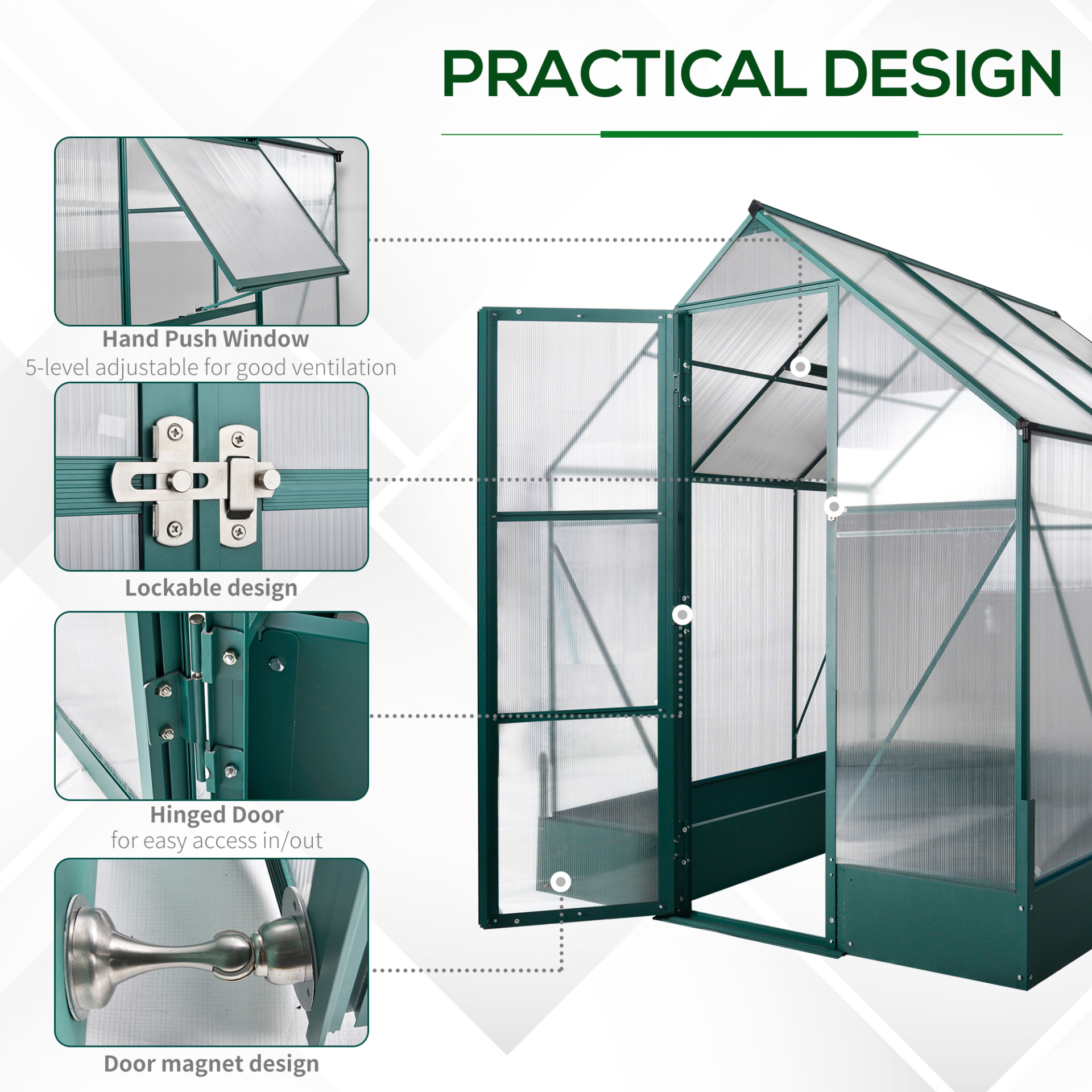 Outsunny Garden Walk-in Aluminium Greenhouse Polycarbonate with Plant Bed ,Temperature Controlled Window, Foundation, 6 x 6ft MyLibelula