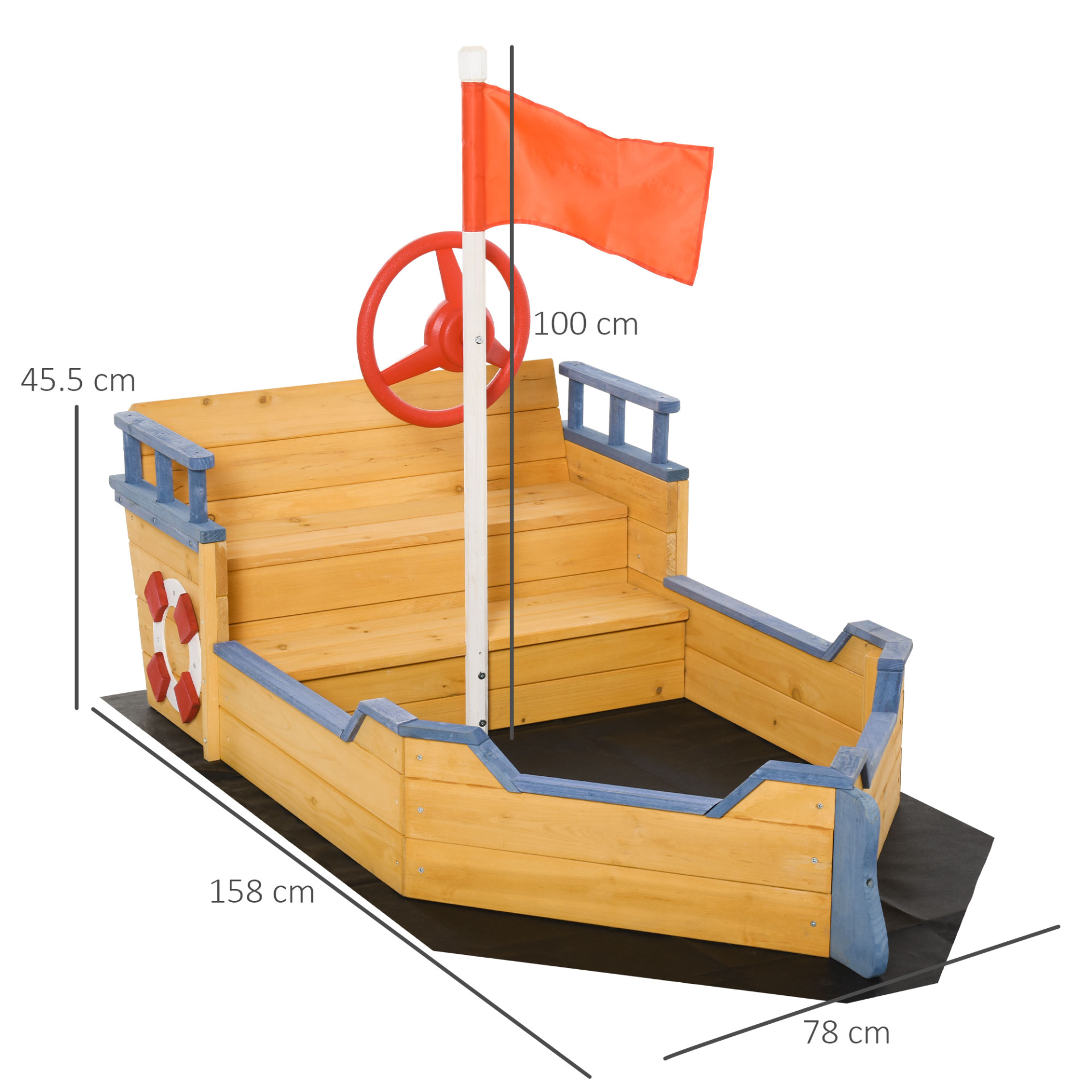 Outsunny Kids Wooden Sandpit Pirate Ship Sandbox Outdoor Playset w/ Bench & Bottom Liner MyLibelula