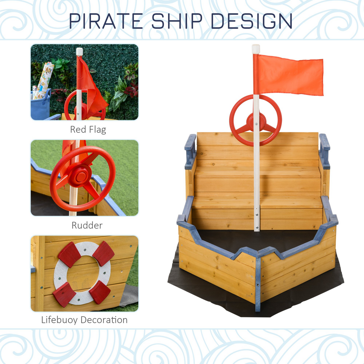 Outsunny Kids Wooden Sandpit Pirate Ship Sandbox Outdoor Playset w/ Bench & Bottom Liner MyLibelula