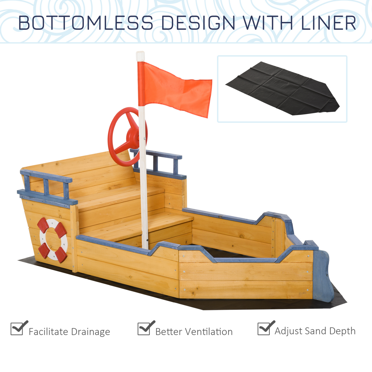 Outsunny Kids Wooden Sandpit Pirate Ship Sandbox Outdoor Playset w/ Bench & Bottom Liner MyLibelula