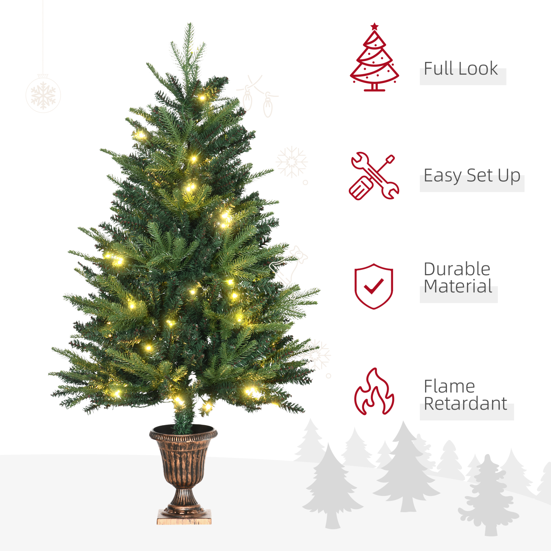 1.2m 4ft Pre-Lit Christmas Tree with 750 Tips and 80 LED Lights in Elegant Vase Base - Perfect for Entrance Decor MyLibelula