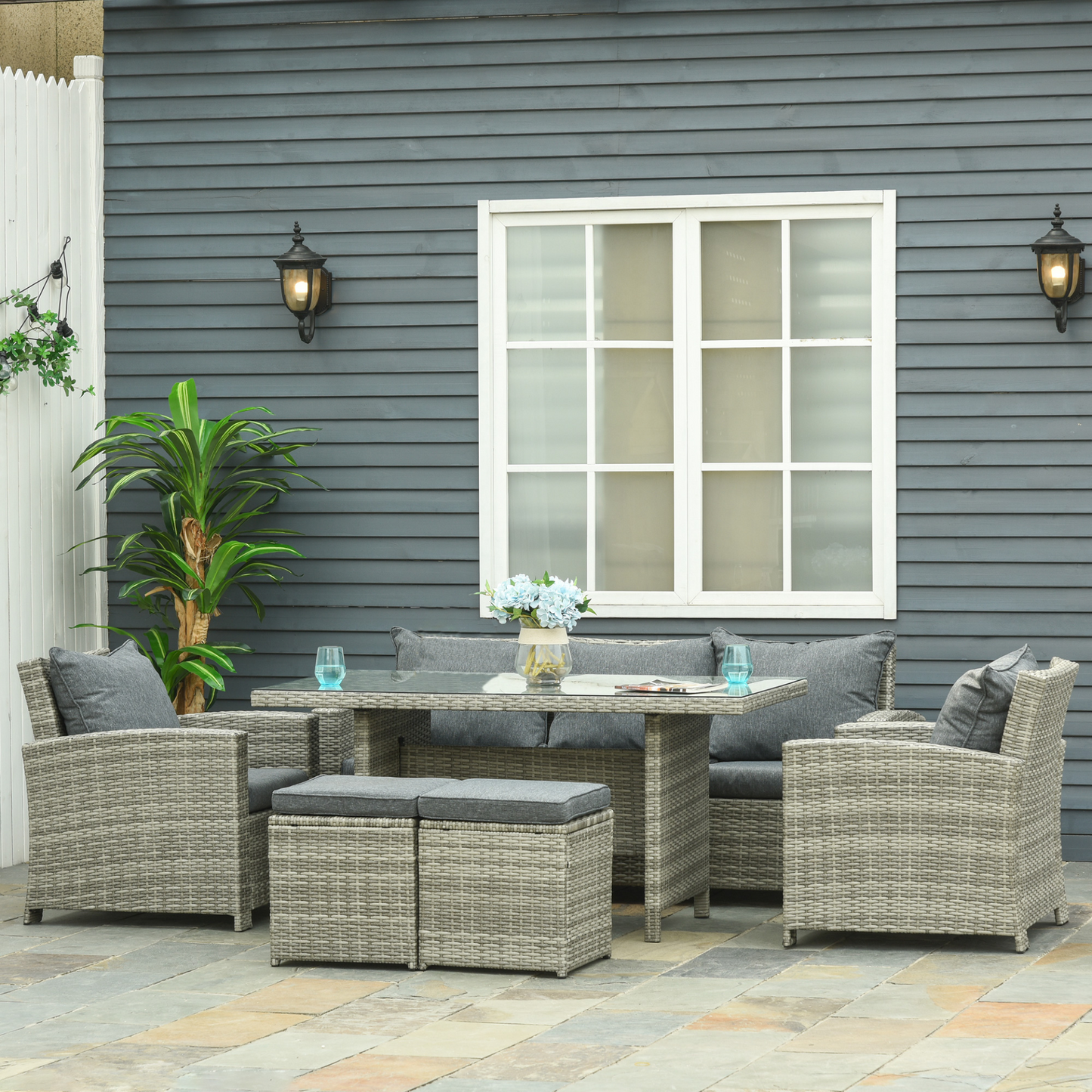 Outsunny 6Pcs Rattan Dining Set - 7-Seater Aluminum Sofa Table with Cushions - Perfect Outdoor Garden Furniture MyLibelula