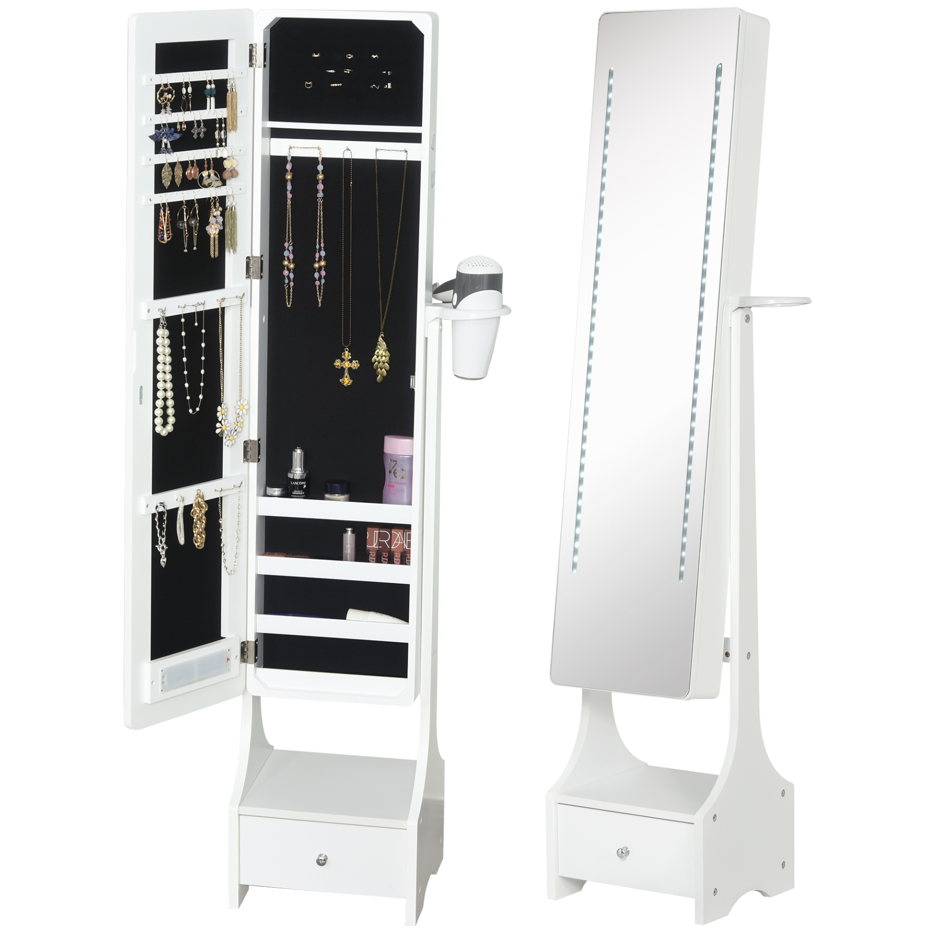 HOMCOM Freestanding Jewelry Cabinet w/ LED Lights, Hooks, Drawer, and Hairdryer Holder - White MyLibelula