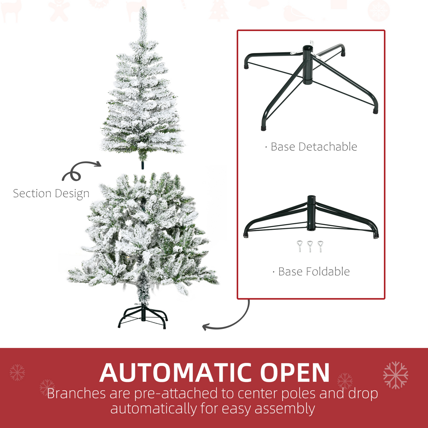 HOMCOM 5 Ft Snow Flocked Artificial Christmas Tree with Realistic Branches, Auto Open and Stable Steel Base - Green MyLibelula