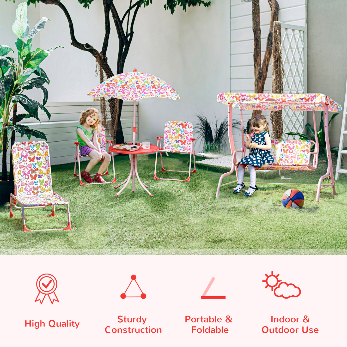 Outsunny Kids Outdoor Bistro Table and Chair Set with Adjustable Parasol – Butterfly Pattern Garden Patio Furniture MyLibelula