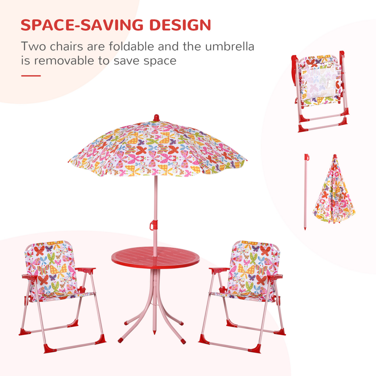 Outsunny Kids Outdoor Bistro Table and Chair Set with Adjustable Parasol – Butterfly Pattern Garden Patio Furniture MyLibelula