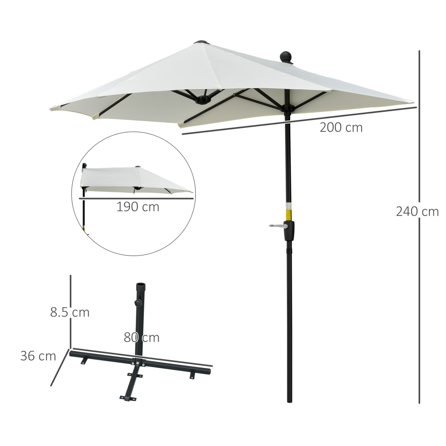 Outsunny 2m Half Parasol Market Umbrella with Crank Handle & Cross Base - Cream White MyLibelula