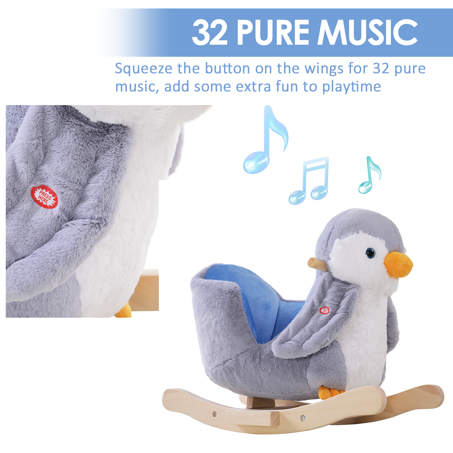 HOMCOM Kids Rocking Horse Penguin - Plush, Musical, 32 Songs - Toddler Rocker MyLibelula