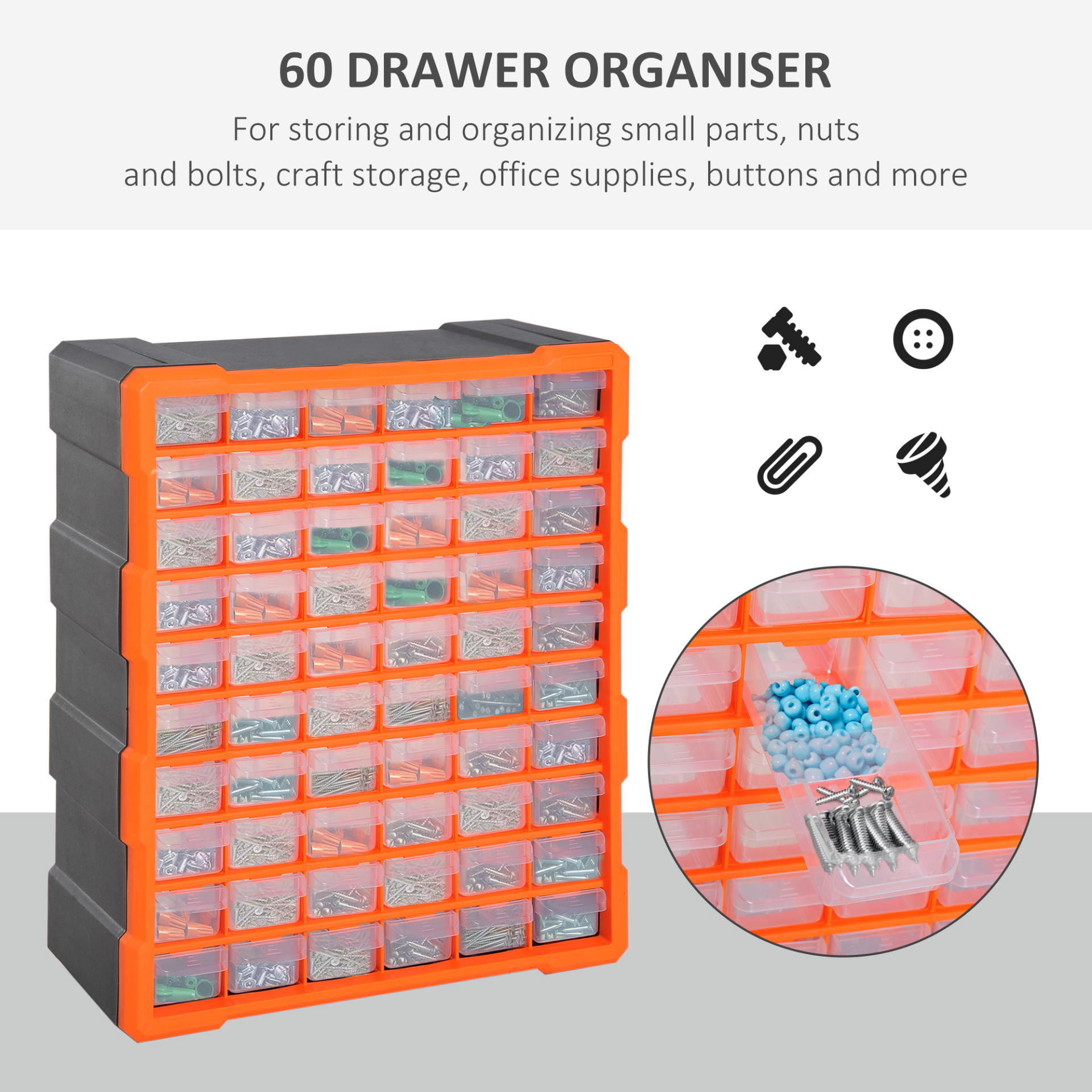 60 Drawers Parts Organiser Wall Mount Storage Cabinet Garage Small Nuts Bolts Tools Clear Orange MyLibelula